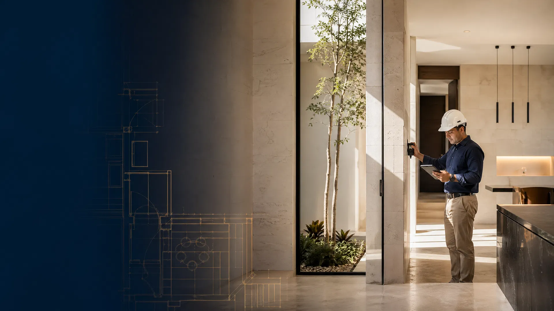 Inspector técnico revisando una vivienda moderna