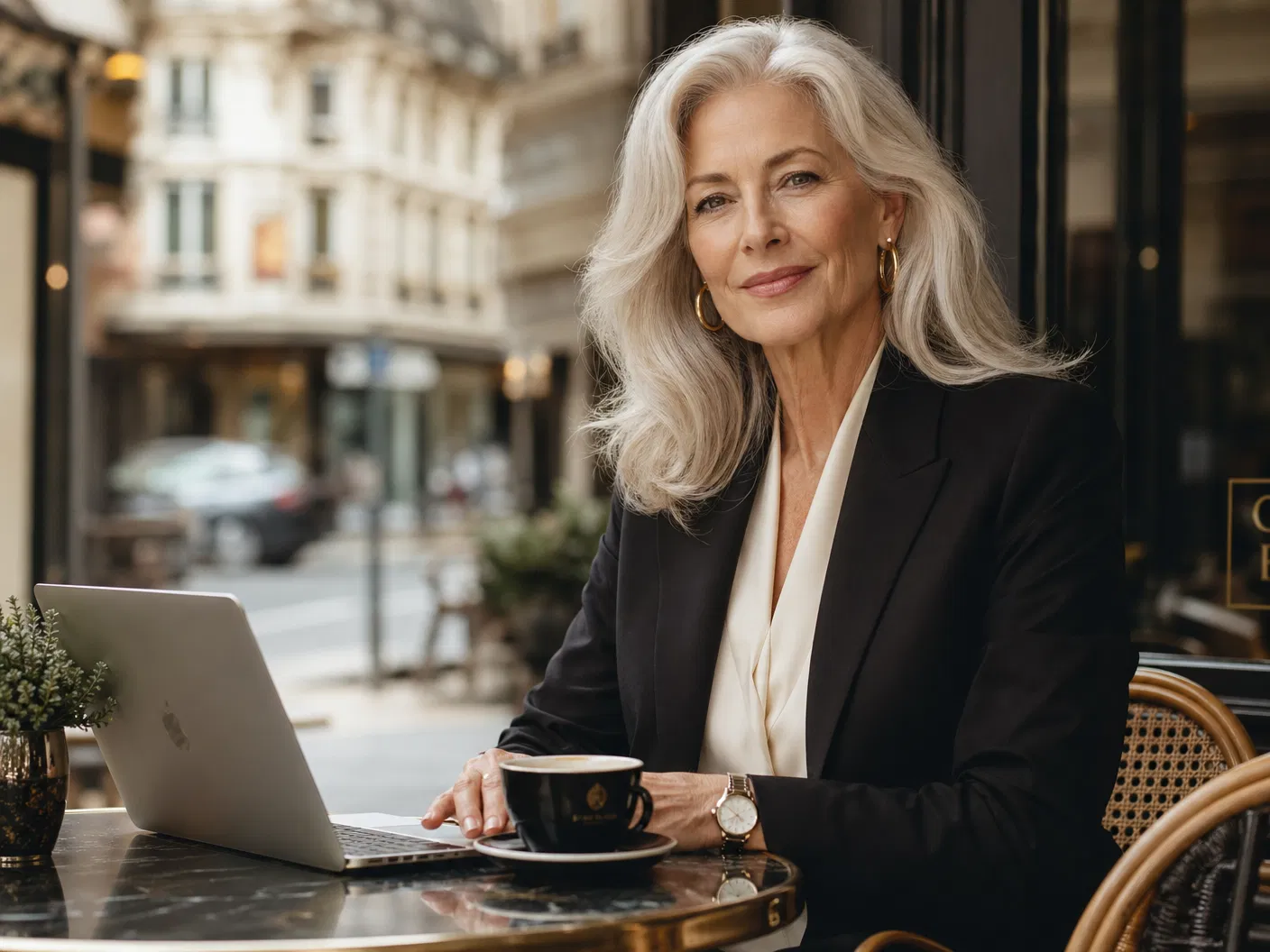 Confident professional woman at a Parisian café