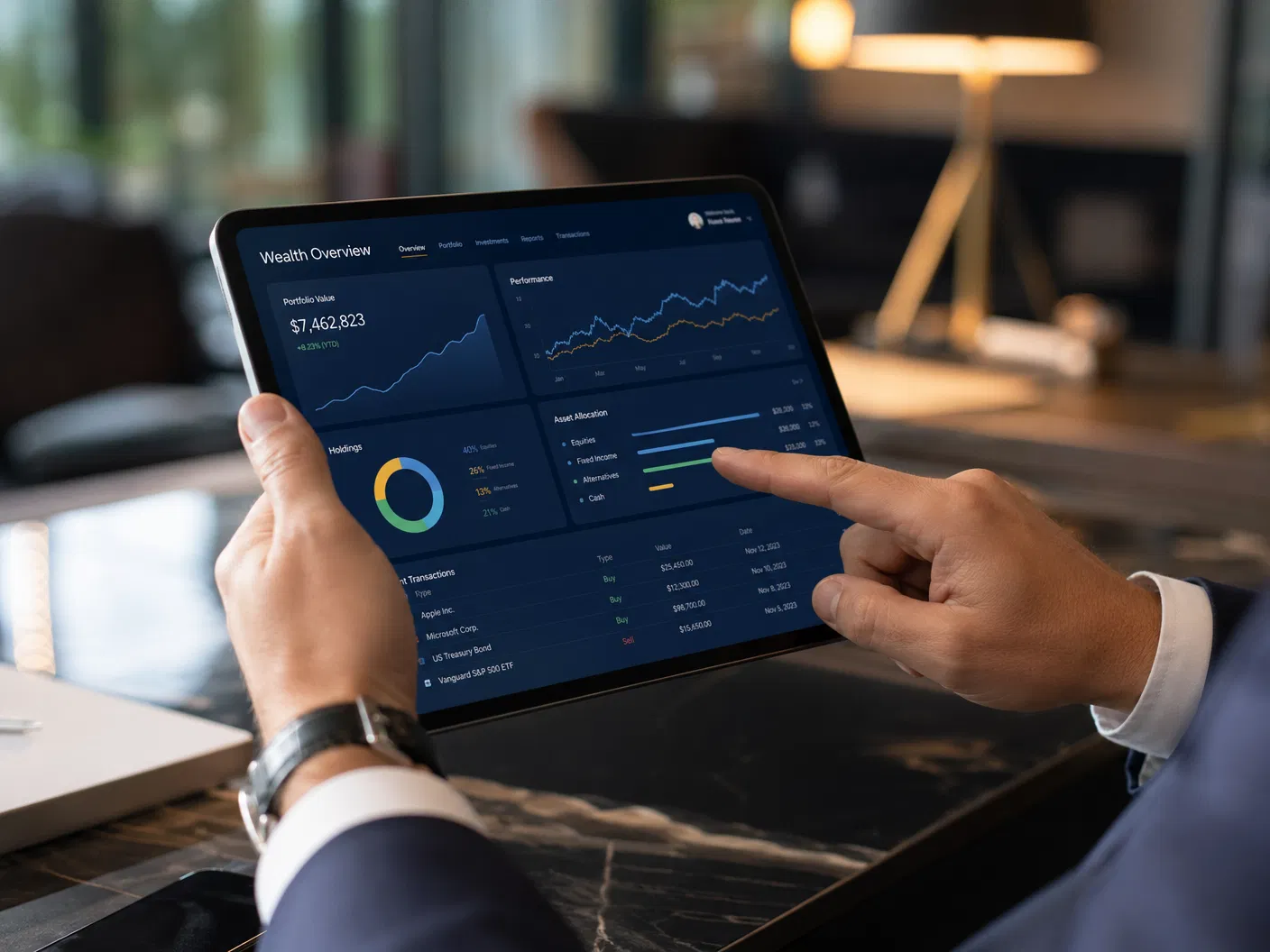 Professional reviewing investment portfolio on a tablet