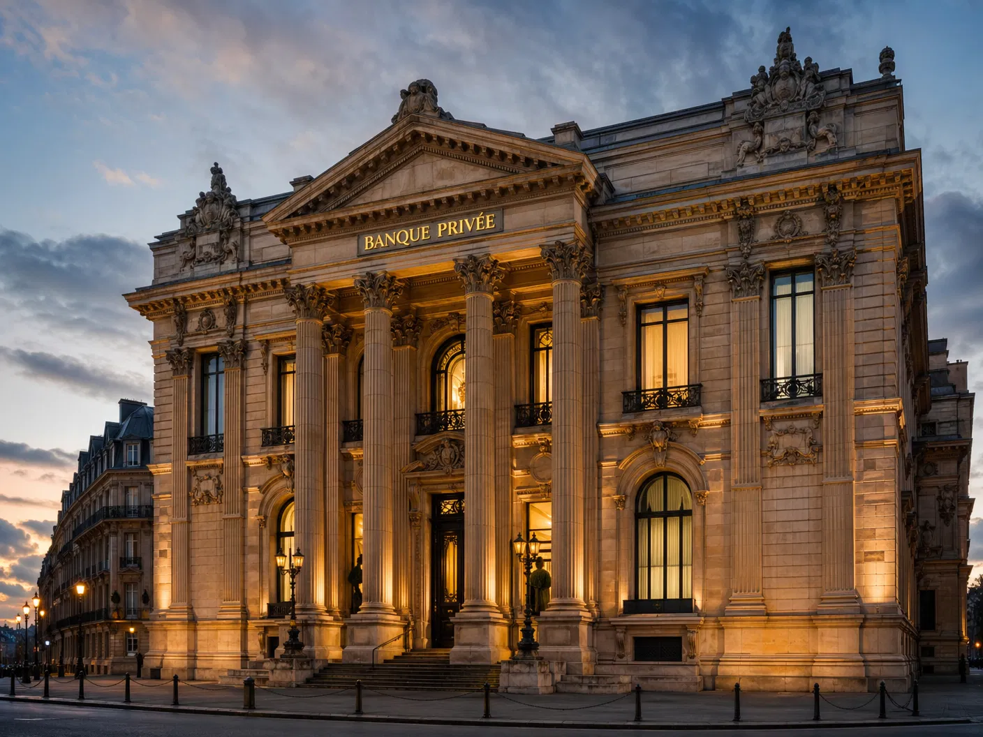 Grand neoclassical private bank building at dusk