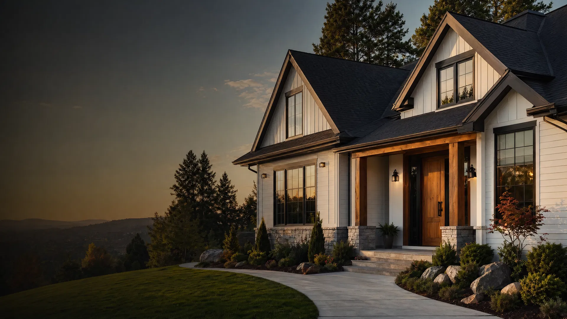 Modern Idaho home exterior with siding, roof, windows, and cedar door