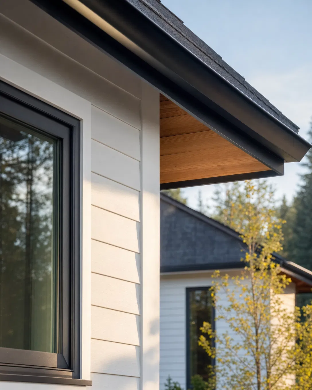 Close-up of precise siding, window, roofline, and cedar soffit details