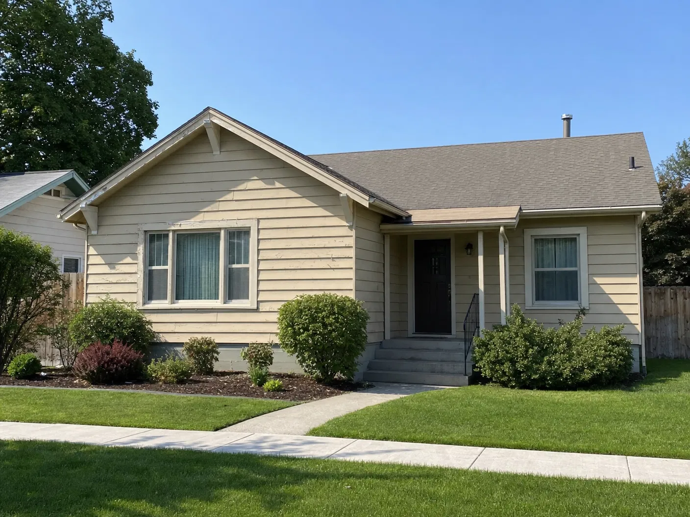 Occupied suburban home with faded siding and normal exterior wear