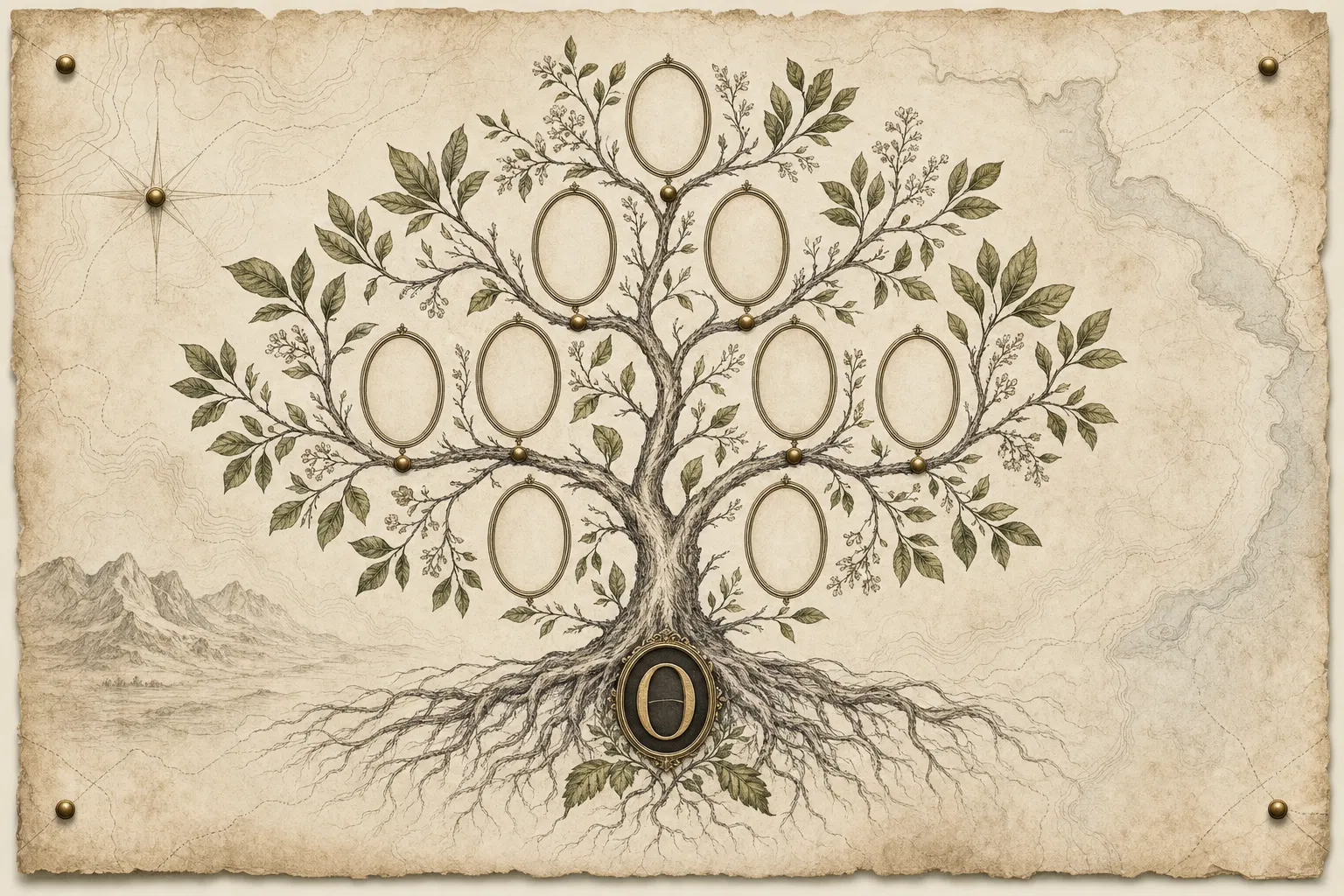 Illustrated Ollivierre family tree concept with archival botanical branches