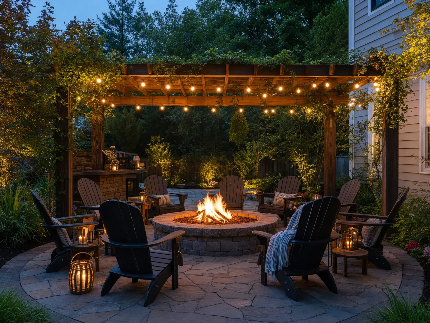 Fire pit patio with pergola and string lights