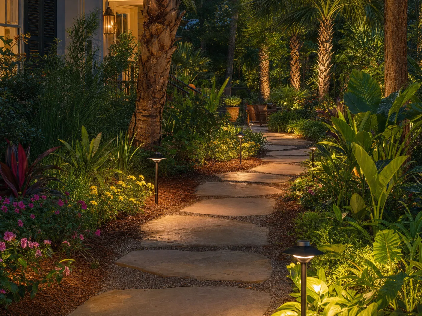 Natural stone stepping path with tropical plants