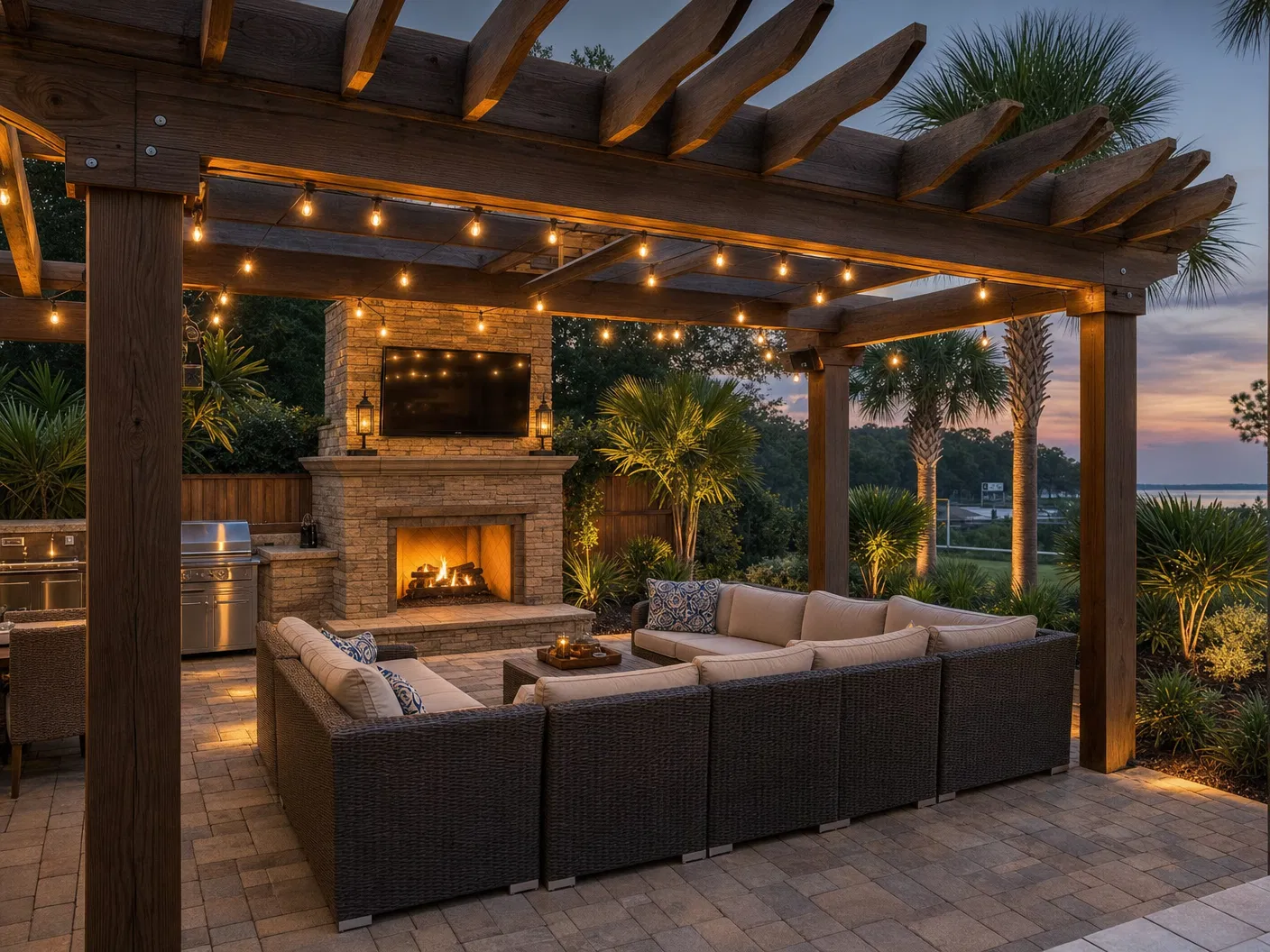 Luxury pergola patio with outdoor fireplace