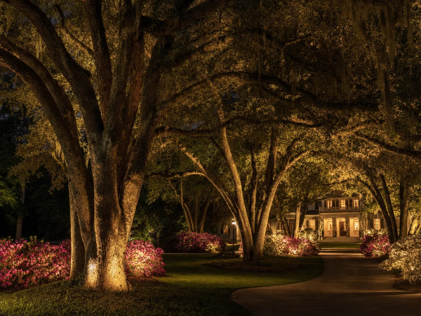 Landscape uplighting on oak trees and azaleas