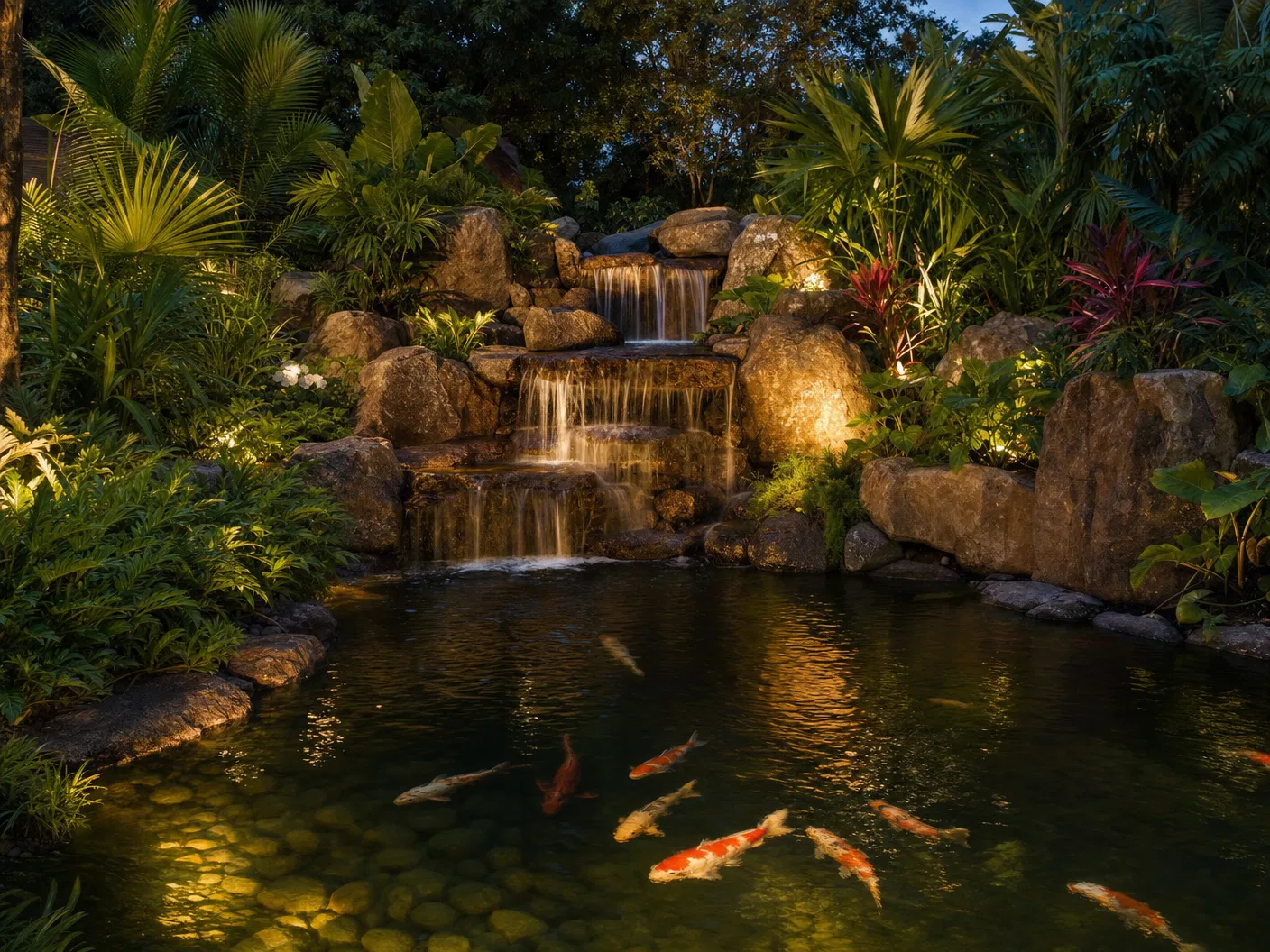 Natural stone waterfall into koi pond