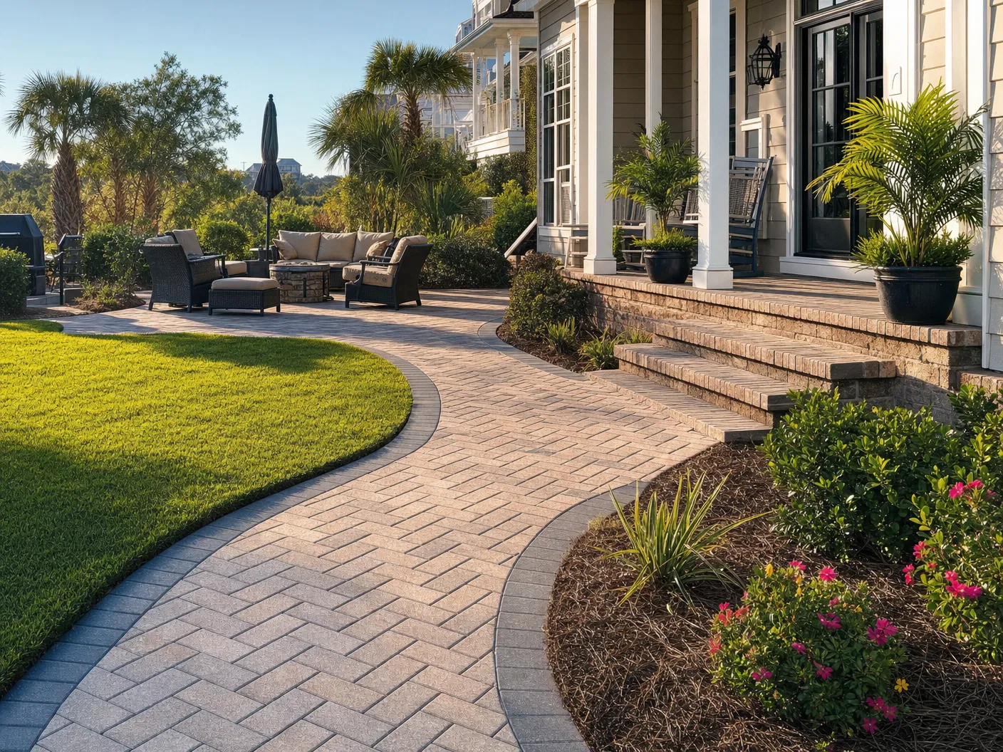 Herringbone paver patio and curved walkway