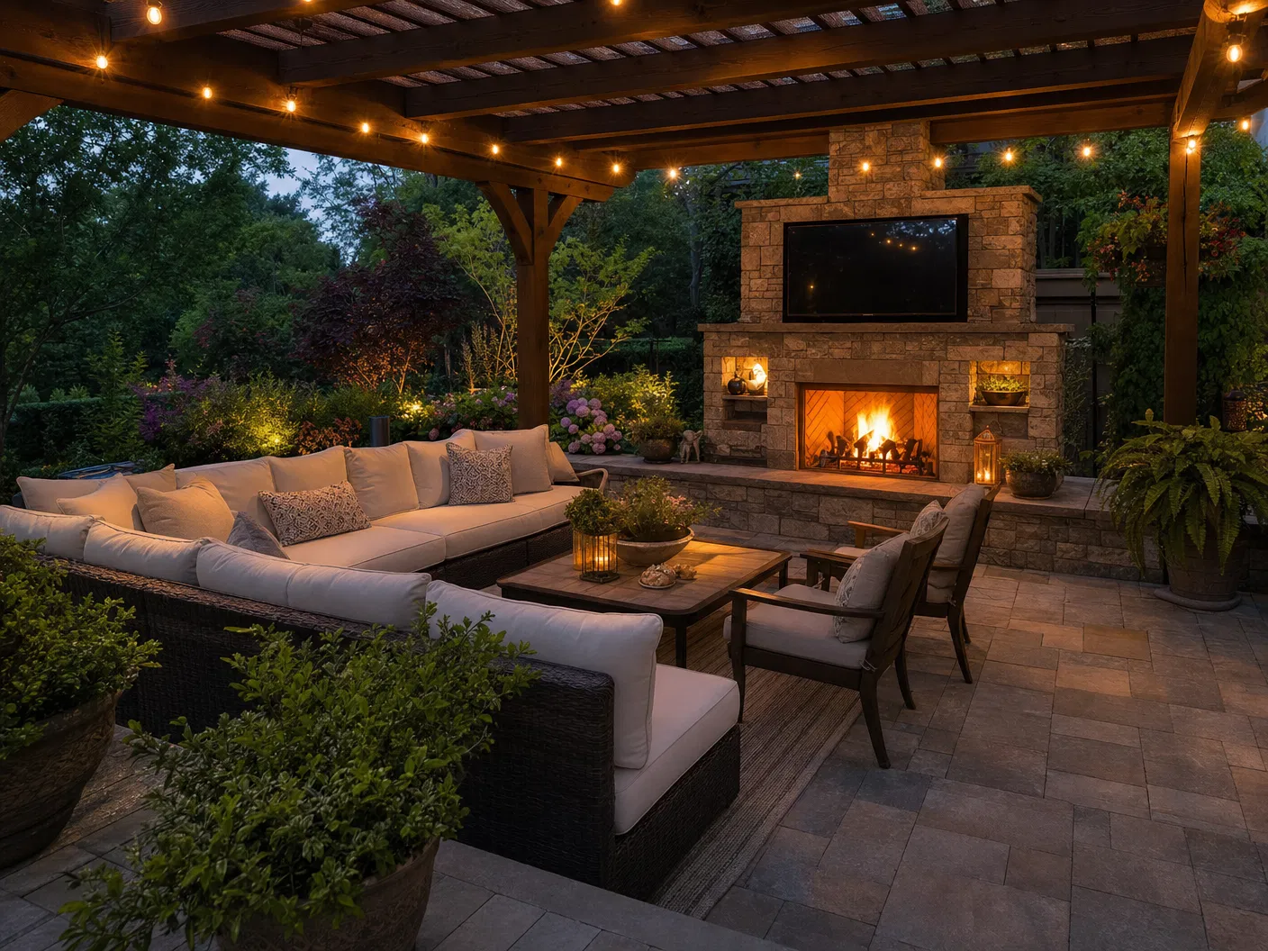 Covered outdoor living room with stone fireplace