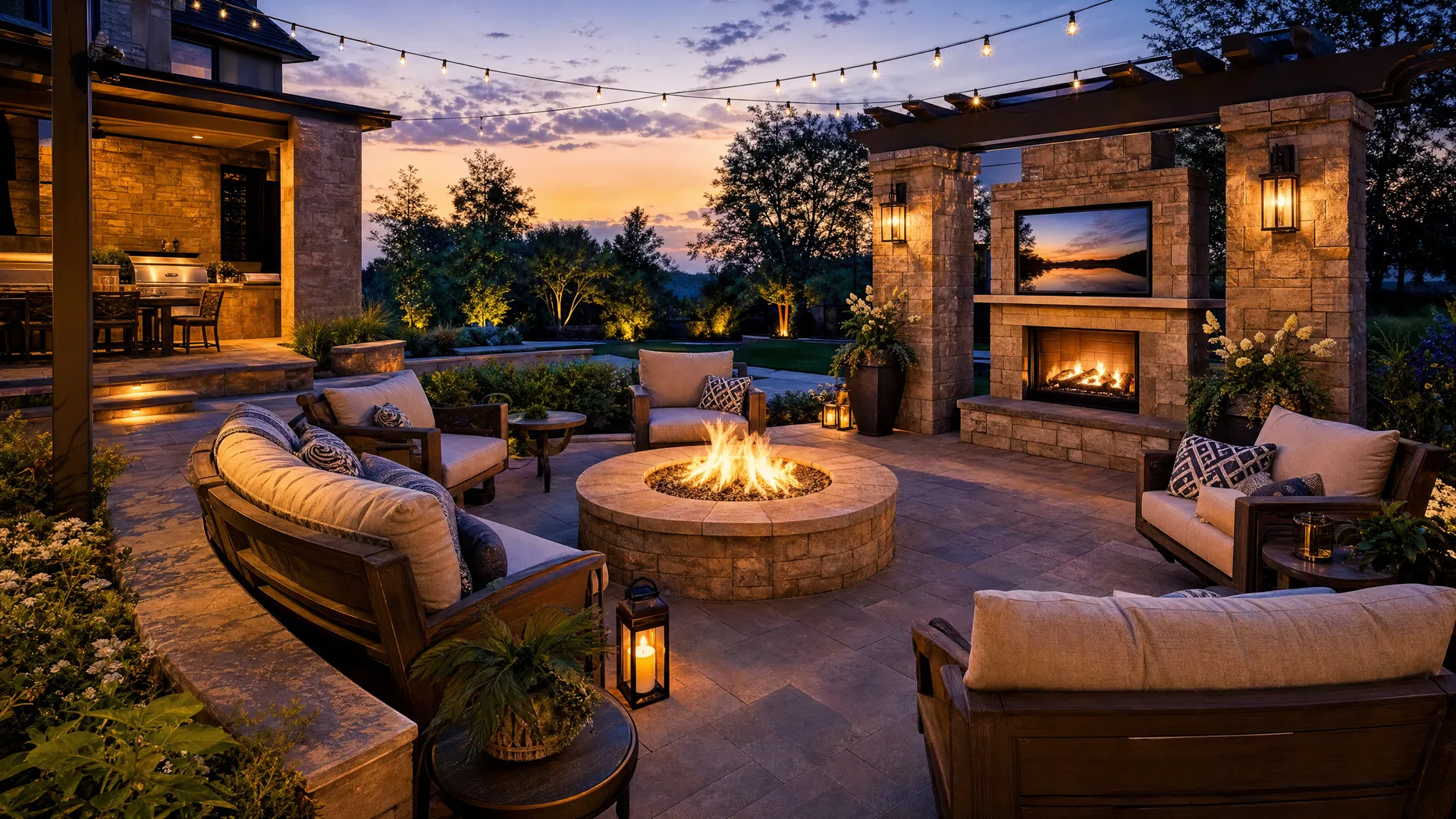 Luxury paver patio at twilight