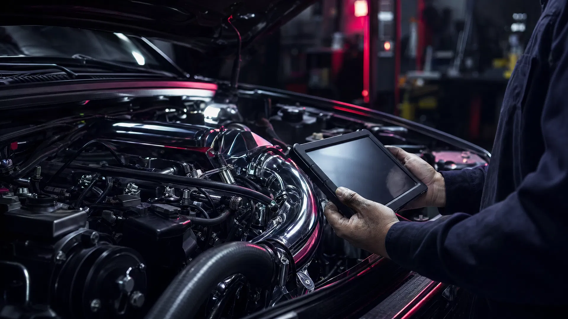 Mechanic performing engine diagnostics