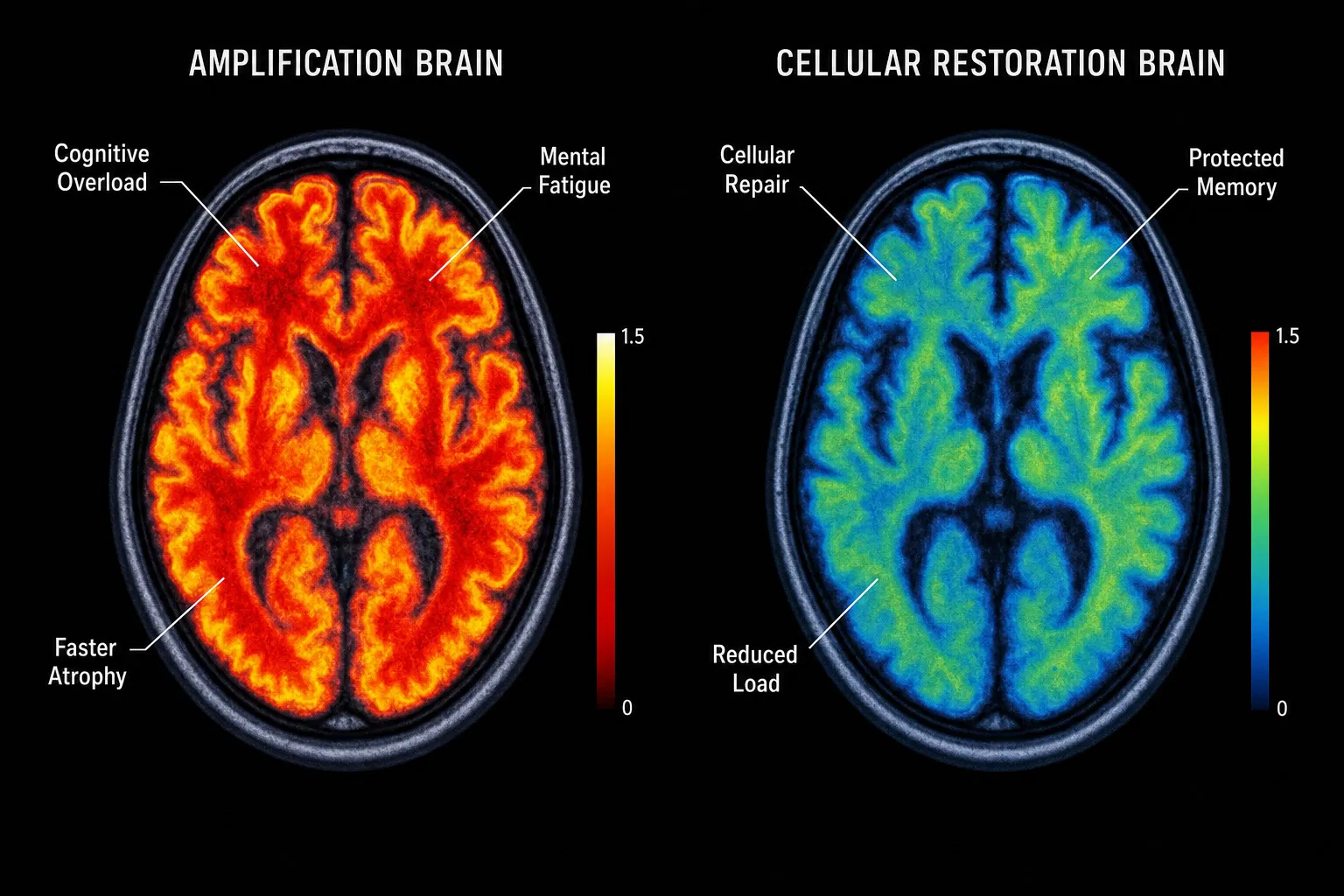 Two side-by-side PET-MRI brain scans: 'Amplification Brain' in red showing high cognitive overload, vs. 'Cellular Restoration Brain' in calm blue/green.