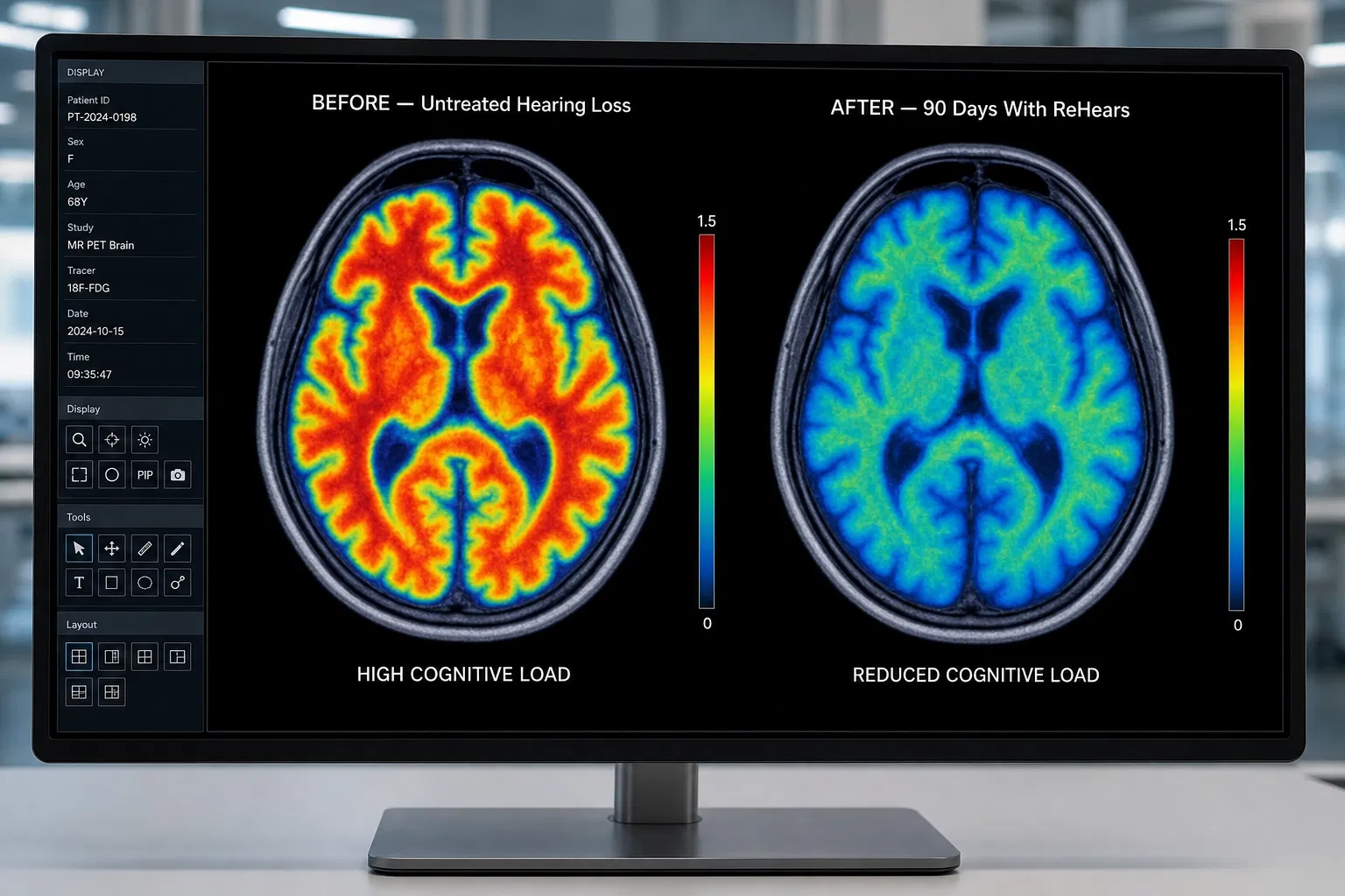 Two side-by-side brain PET-MRI scans on a clinical monitor: 'Before — Untreated Hearing Loss' showing high cognitive load, vs 'After — 90 Days With ReHears' showing reduced cognitive load.