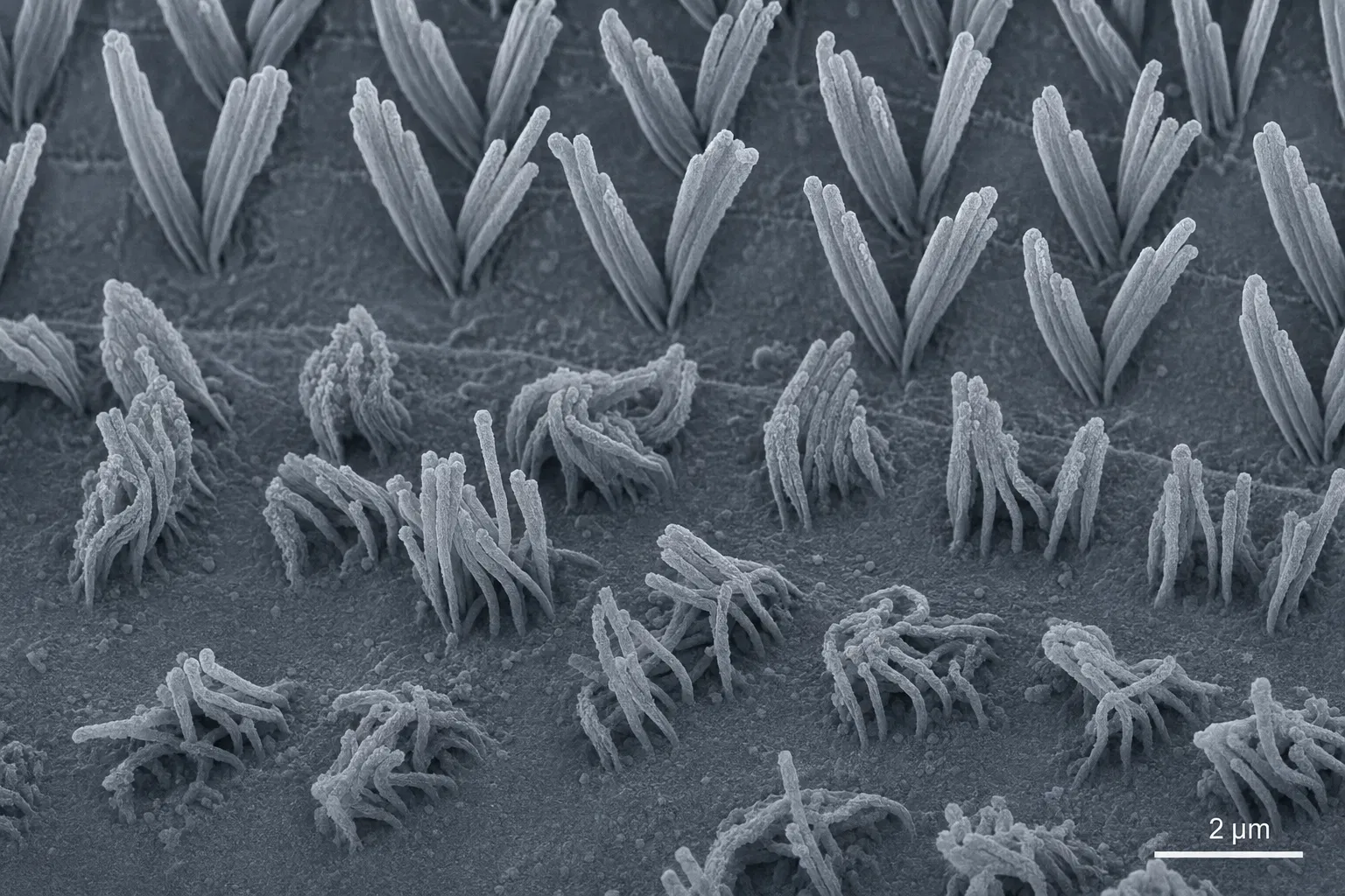 Scanning electron microscope view of human inner-ear hair cells (stereocilia), some damaged and bent.