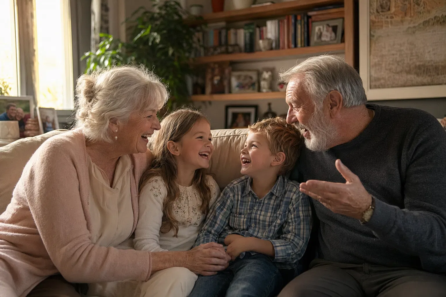 A senior couple in their late 60s laughing with their grandchildren on a sunlit living-room sofa.