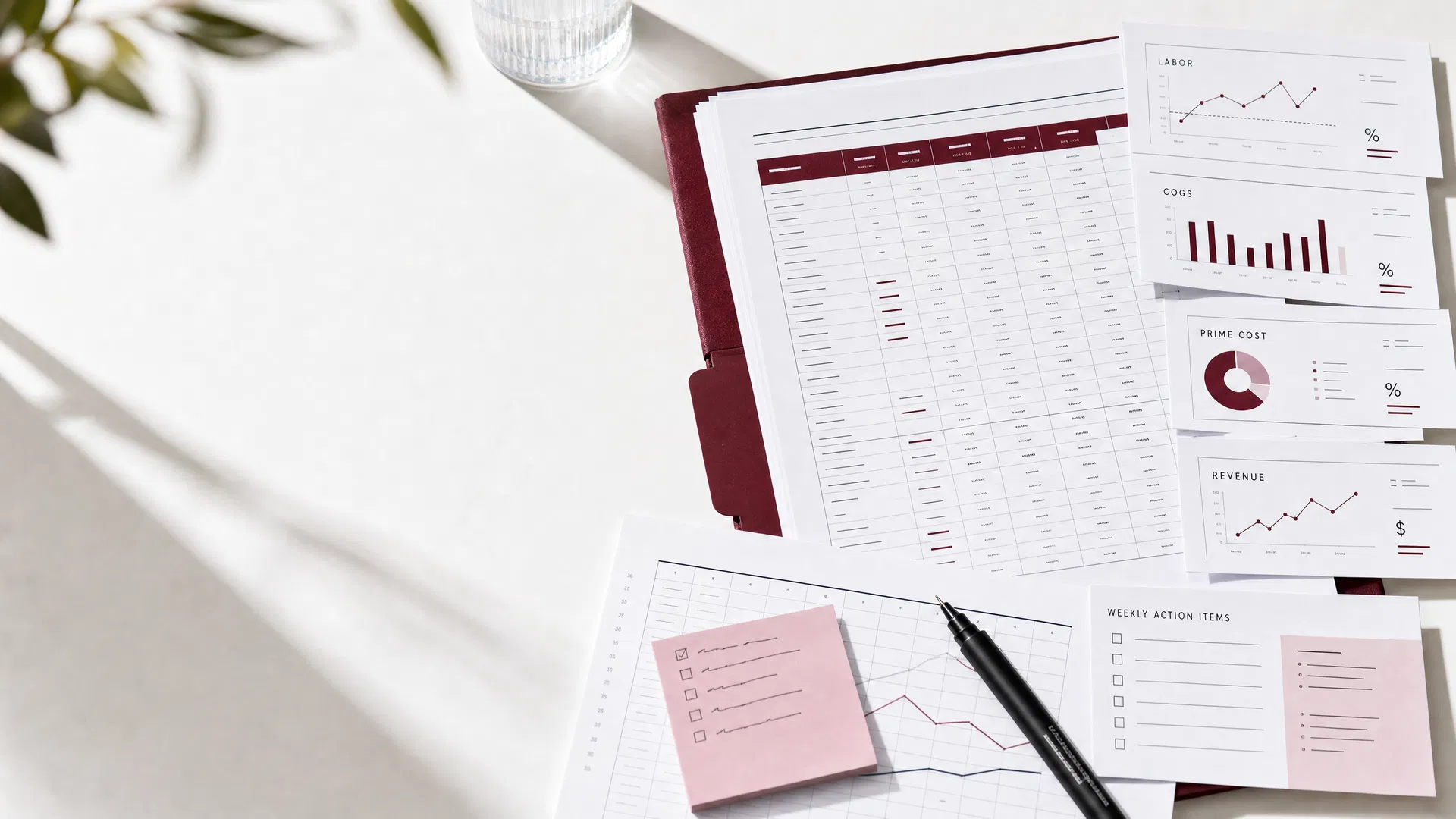 Bright hospitality financial control workbook with dashboard cards for labor COGS prime cost and next actions