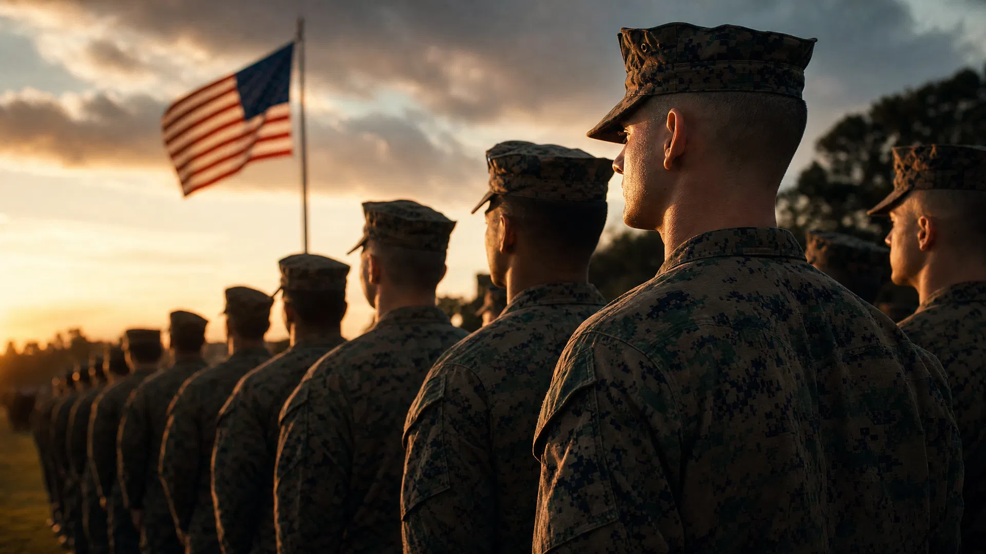Marines in formation at sunset
