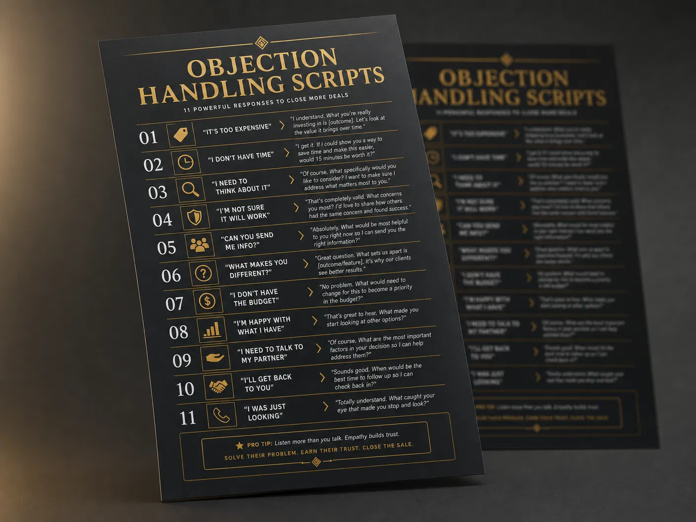 11 Objection Handling Scripts cheat sheet mockup