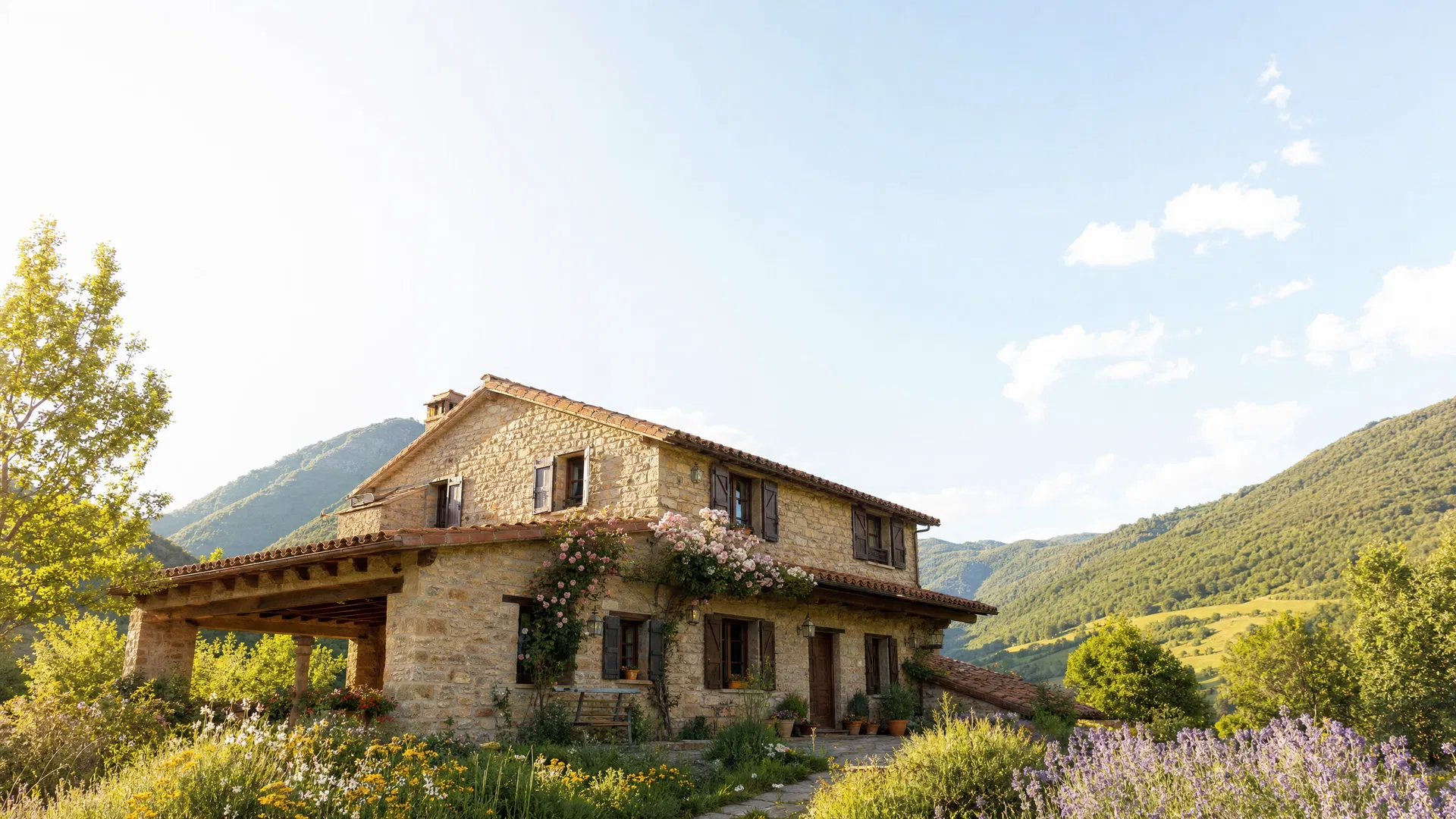 Casa rural de piedra en España con jardín, montañas verdes y cielo azul