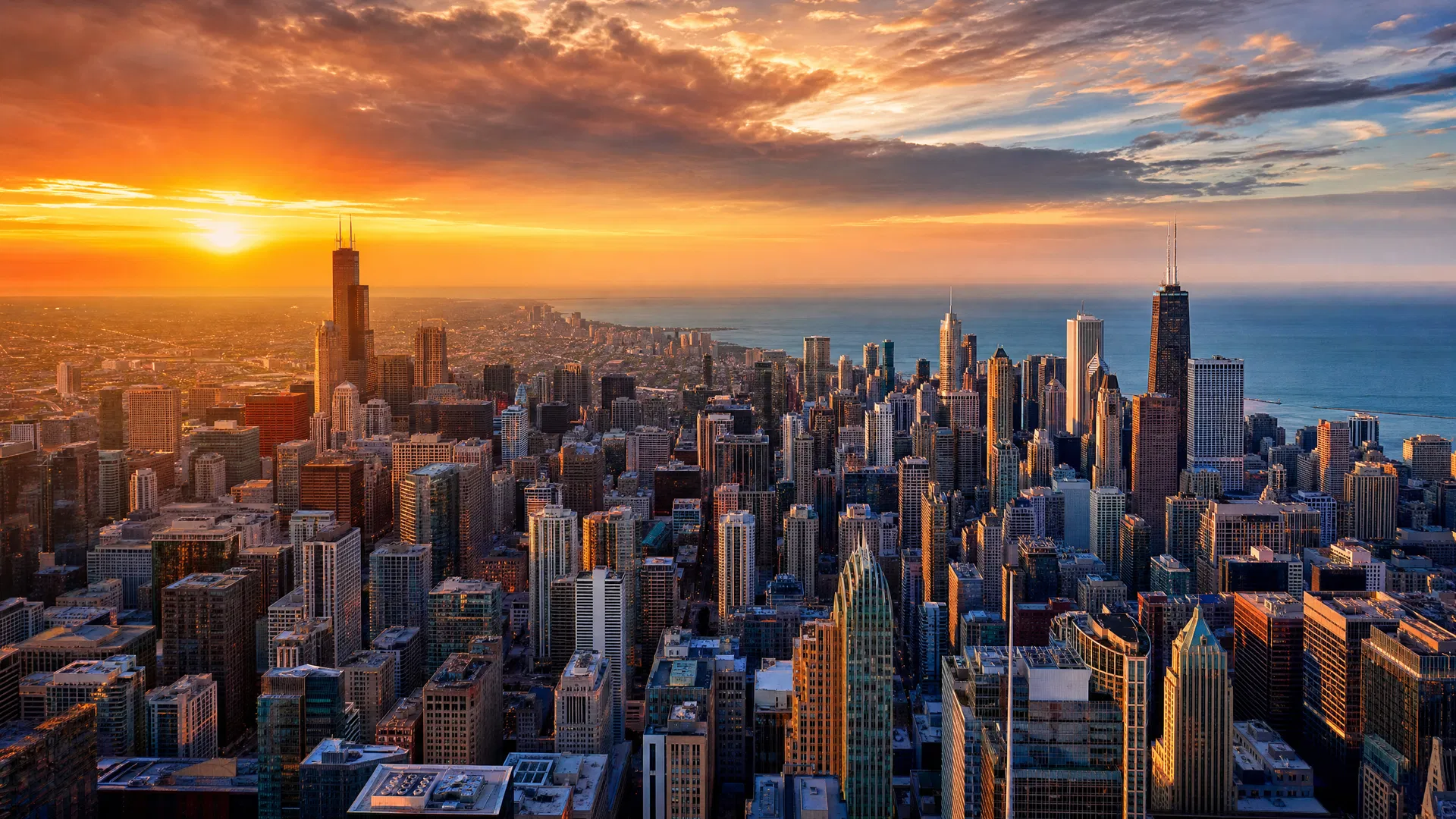 Chicago skyline at sunset