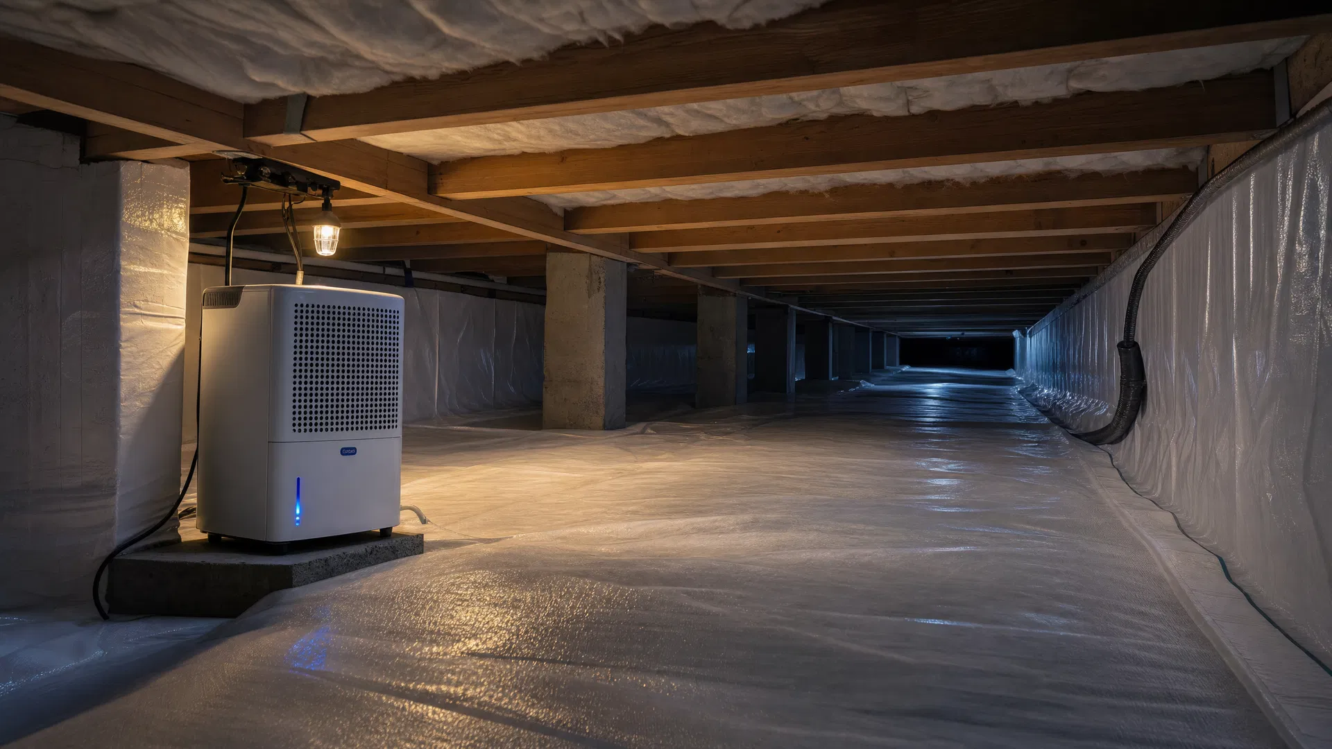 Encapsulated crawlspace illuminated by a single warm work-light