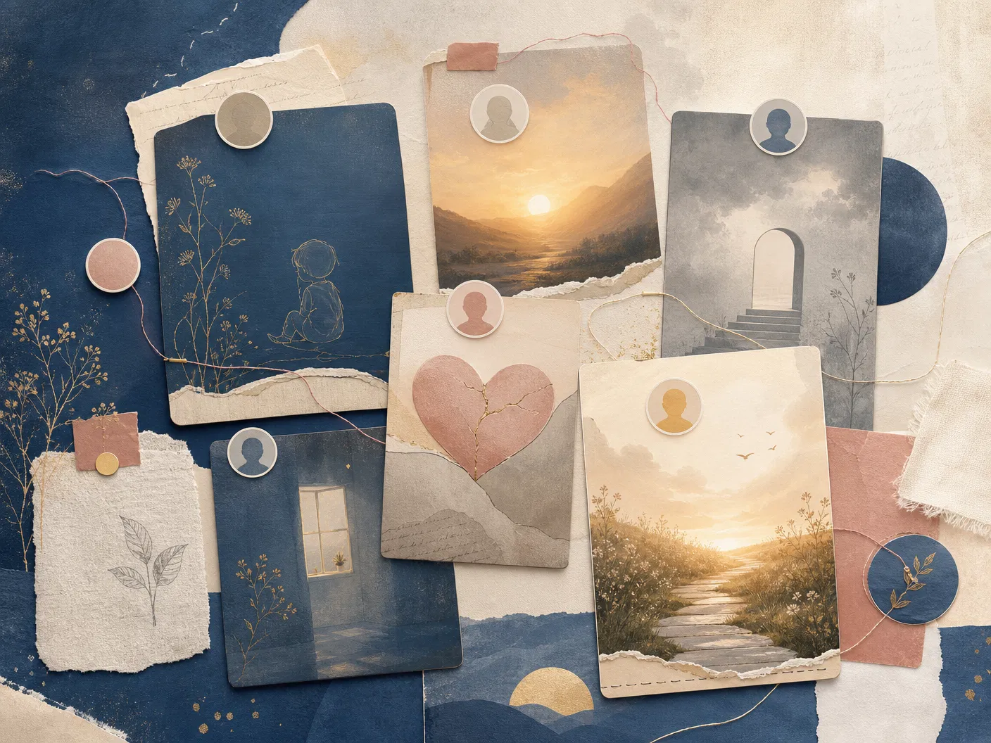 Layered memory cards symbolising younger selves and healing