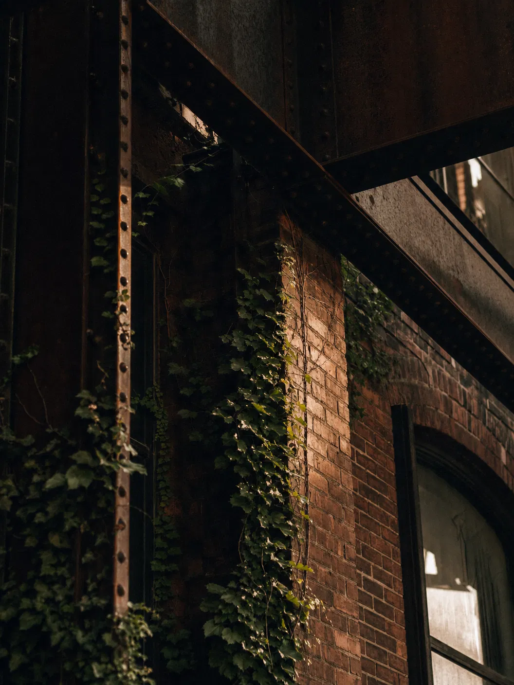 Detroit industrial architecture with ivy and steel