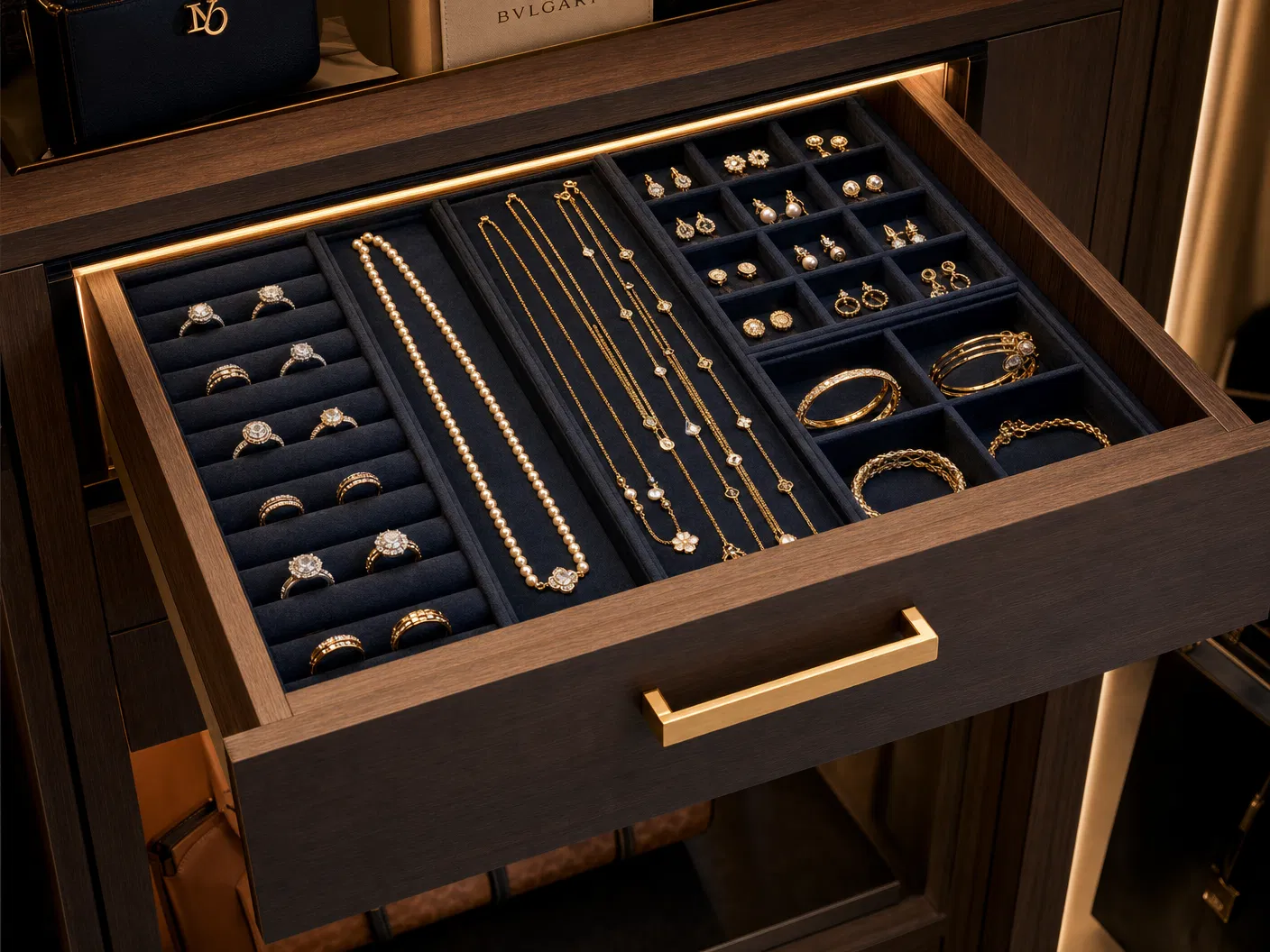 Luxury velvet-lined jewelry drawer with necklaces and rings in walk-in closet