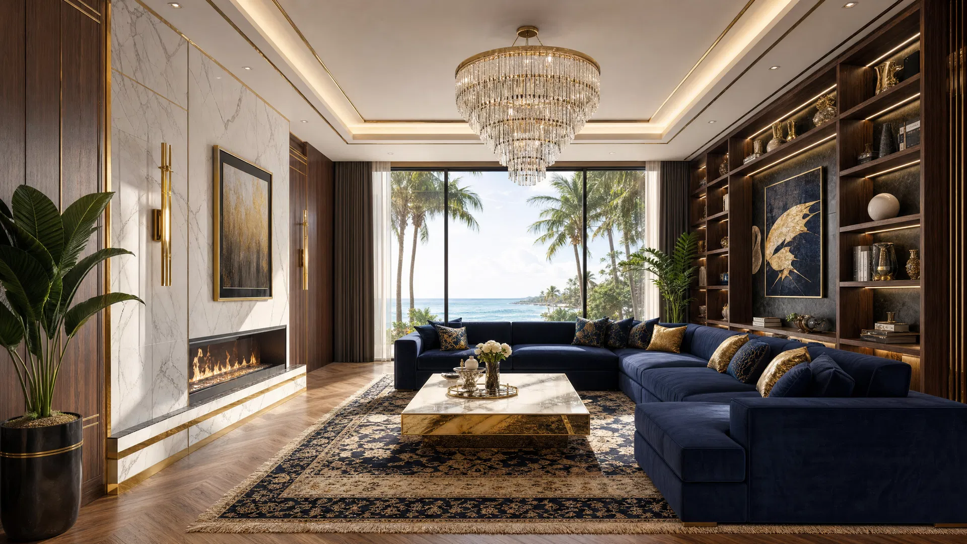 Photorealistic perspective rendering of luxury living room