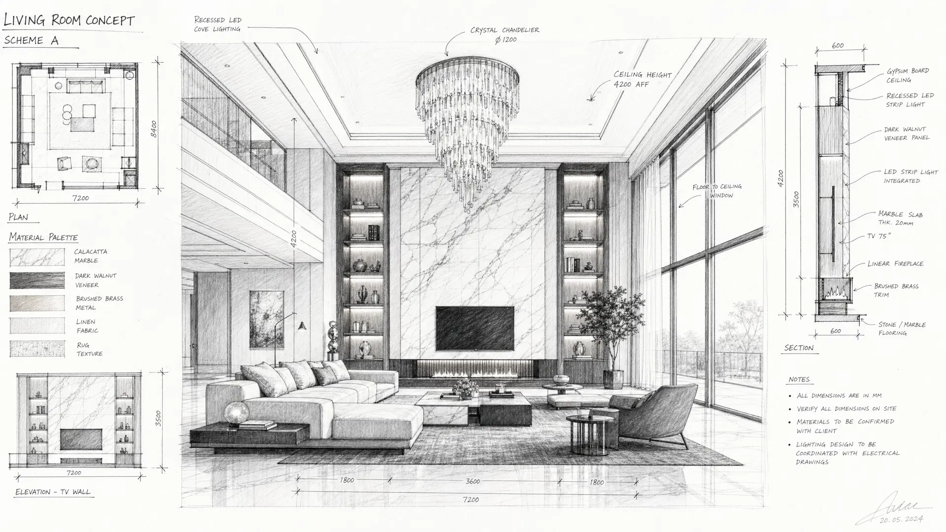 Hand-drawn interior design sketch