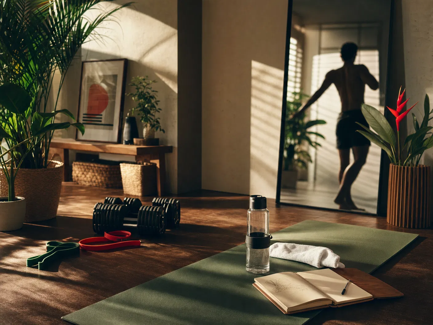 Editorial home gym scene representing body transformation