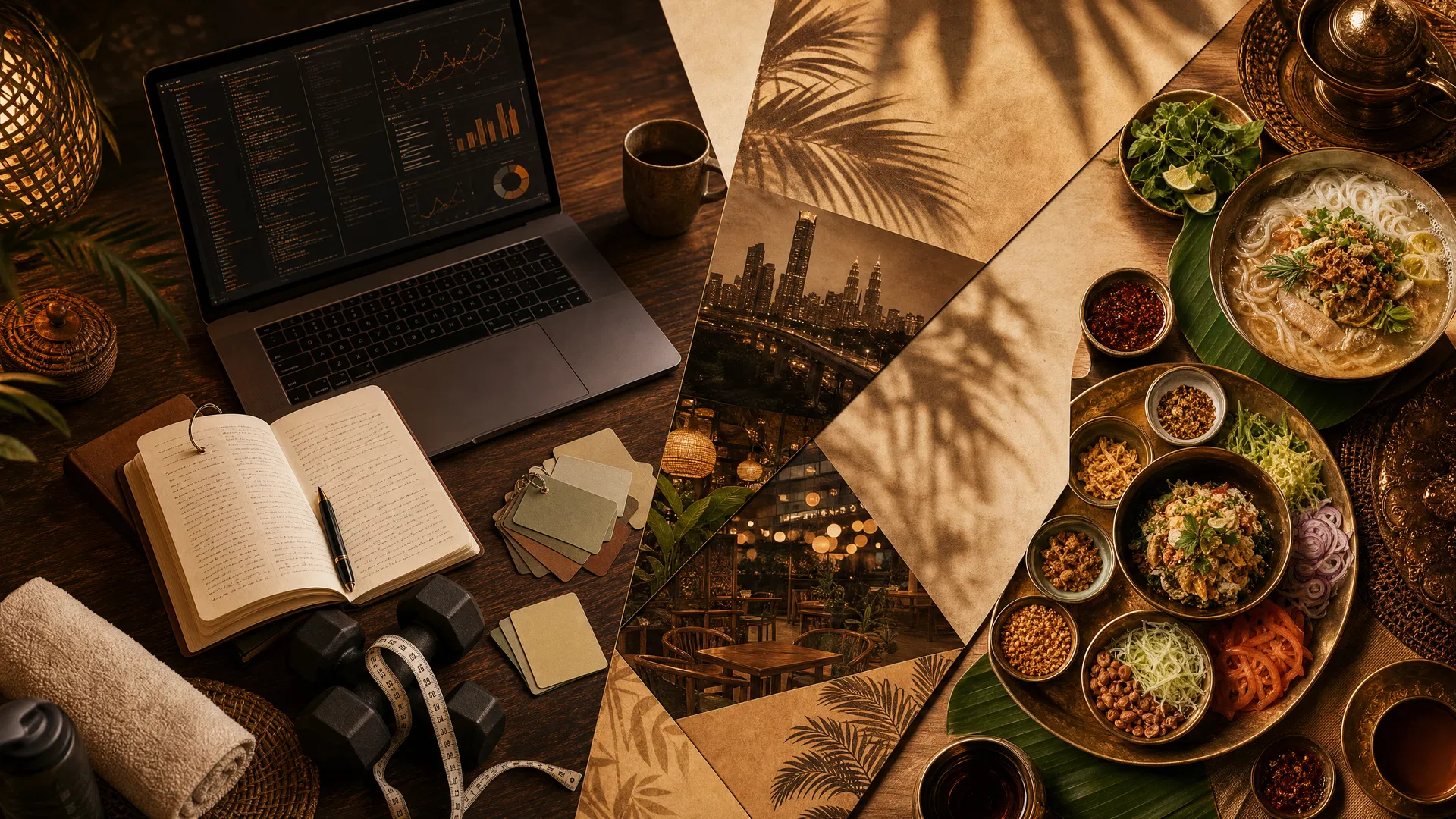 Editorial collage of professional learning, fitness tools, and traditional Burmese food