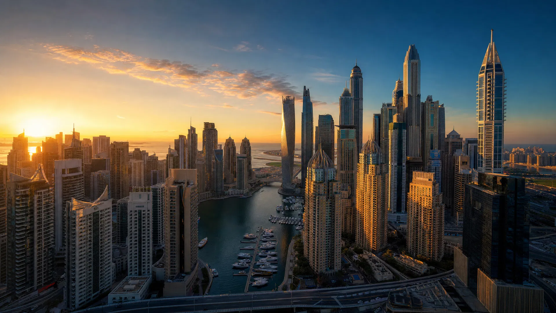 Dubai Marina skyline at golden hour