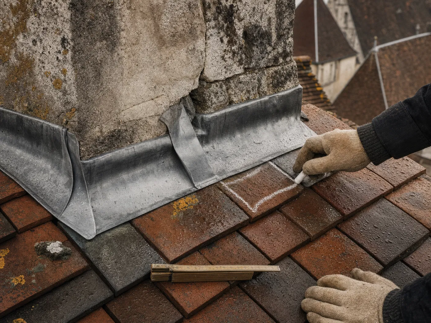 Inspection d’une toiture ancienne avec solin zinc et tuiles en terre cuite