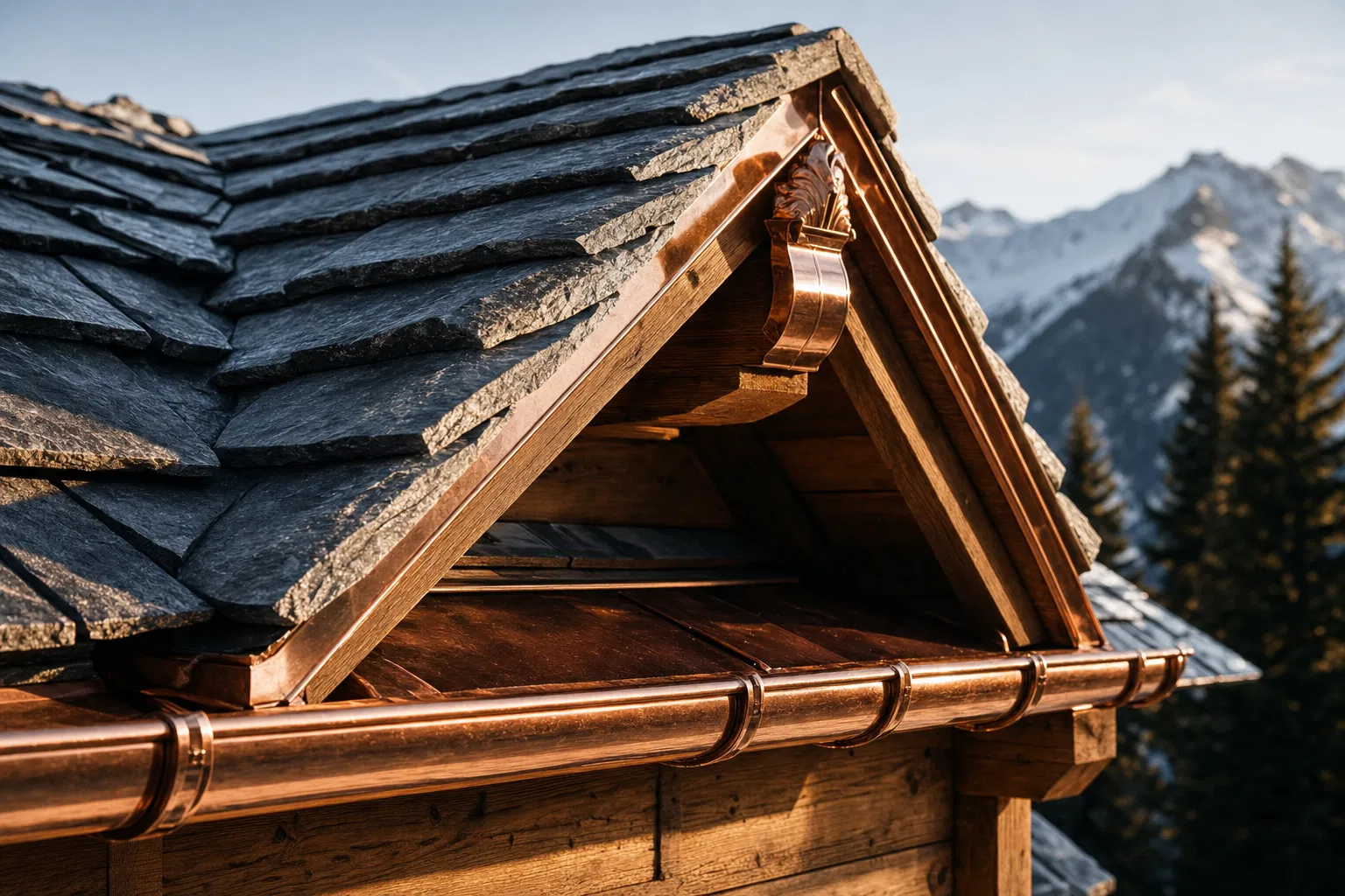 Détail premium de toiture alpine en ardoise et cuivre