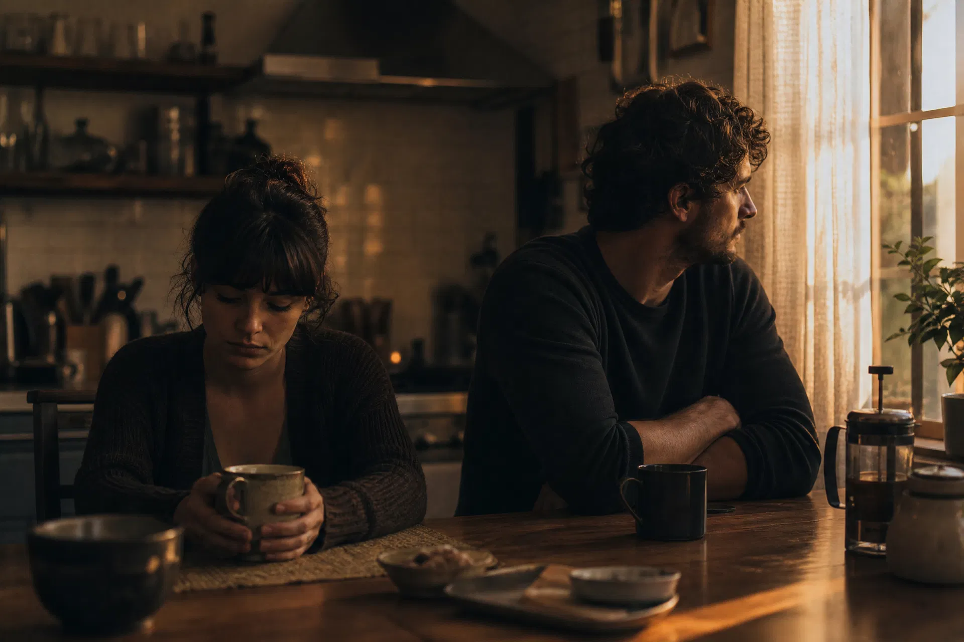 Un couple assis à table, chacun regard ailleurs, dans un silence lourd et douloureux