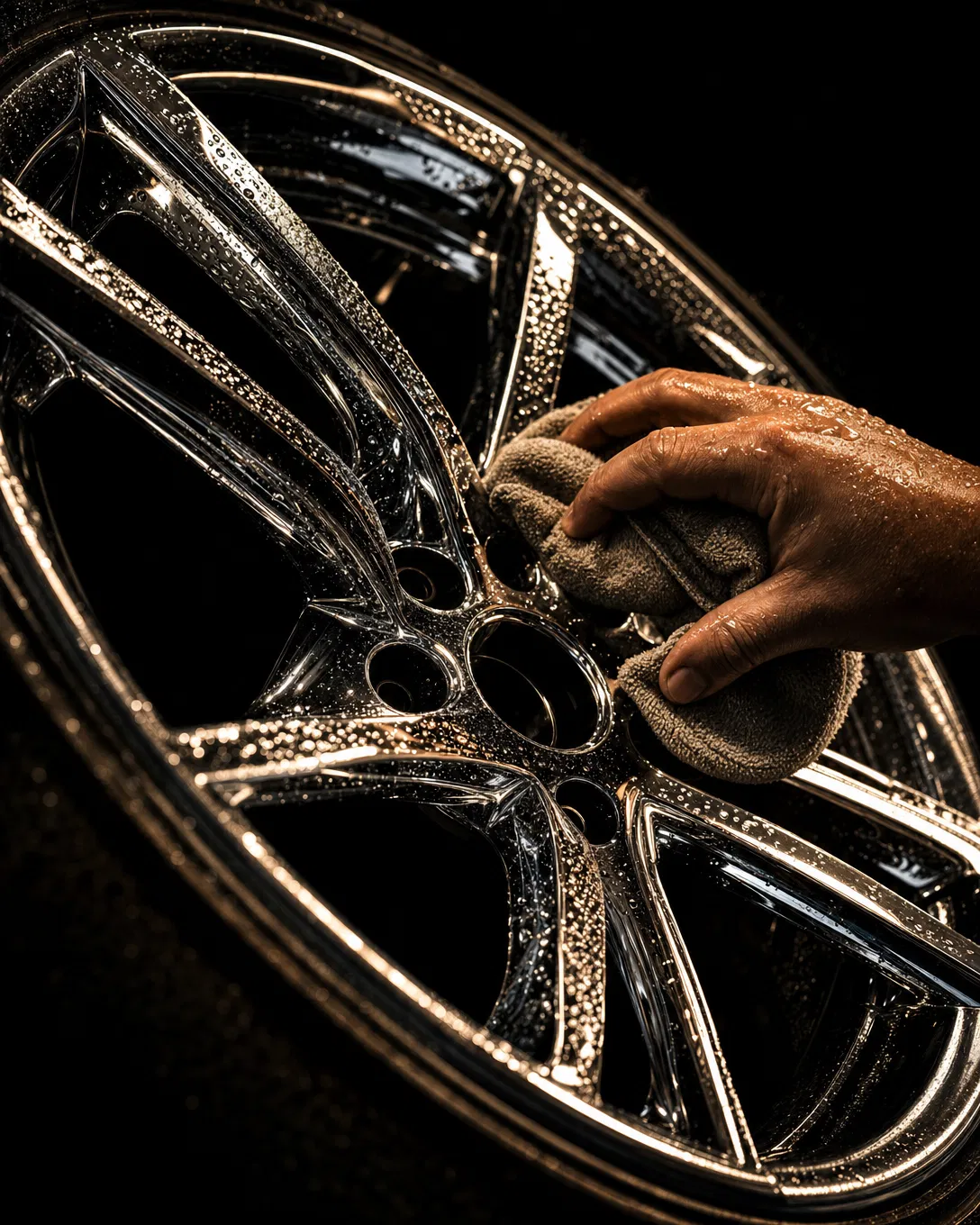 Chrome wheel rim being polished by hand