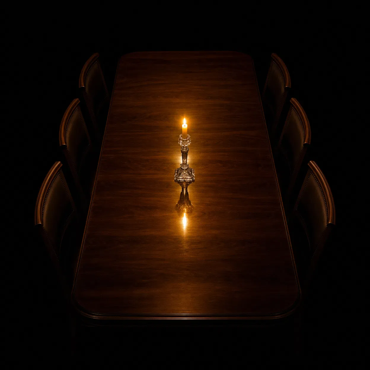 Polished walnut dining table with candlelight