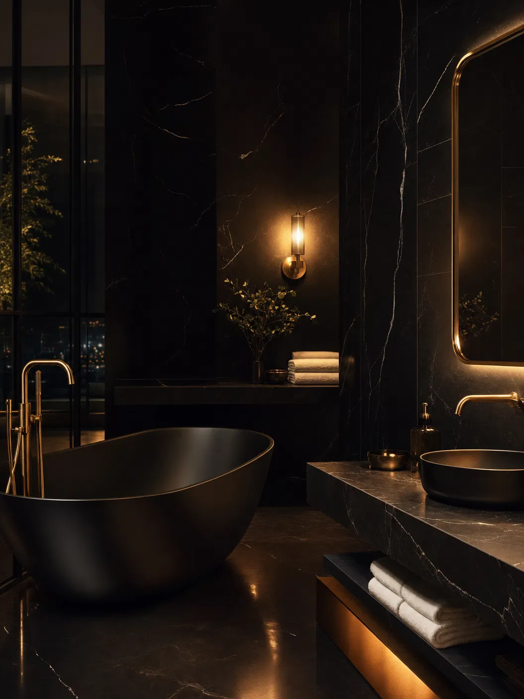 Luxury black marble bathroom with brass fixtures
