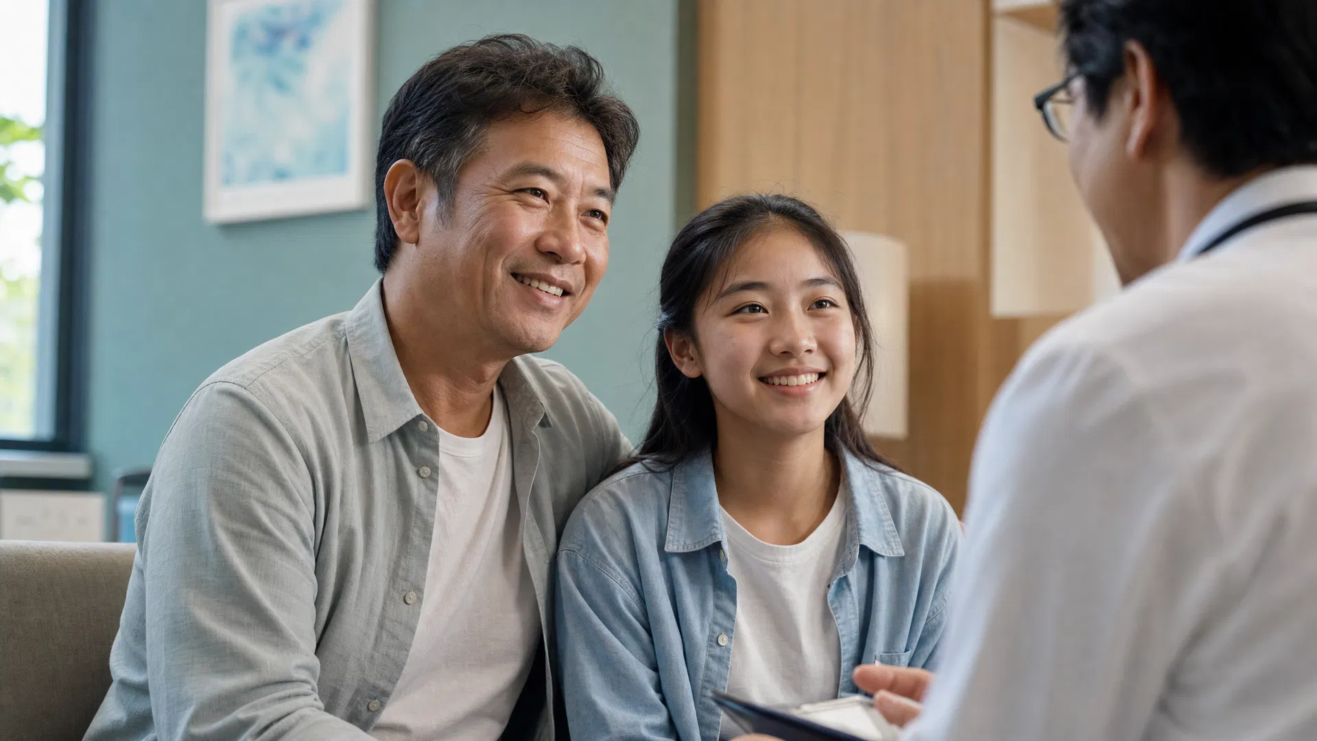 Middle-aged Asian father with teenage daughter at consultation