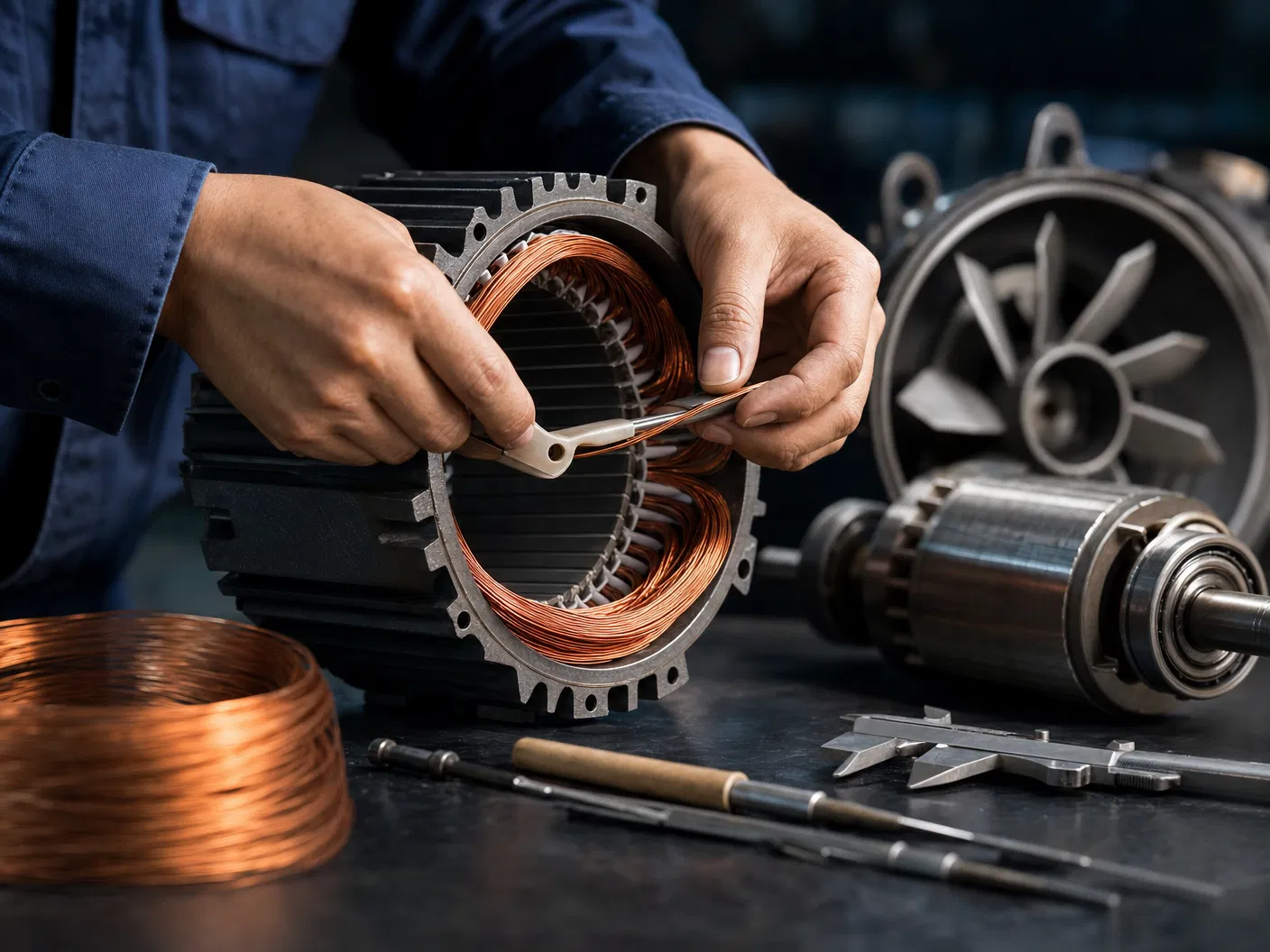 Technician rewinding an industrial induction motor