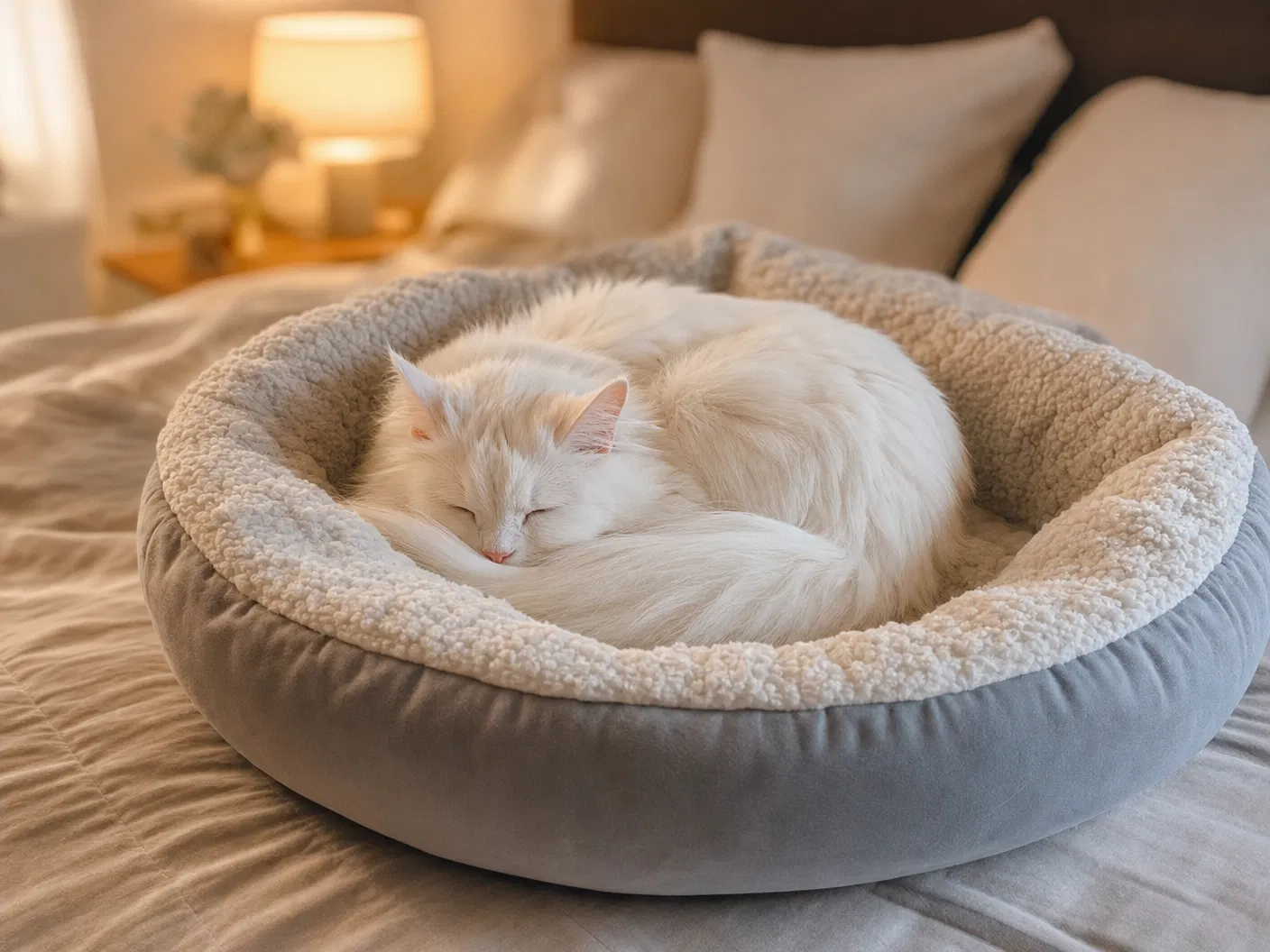 Cat sleeping in round plush bed