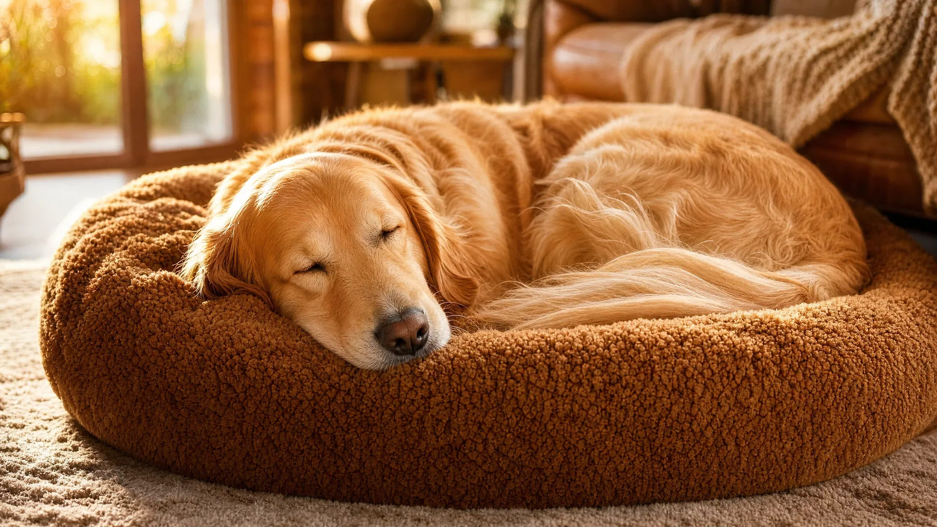 Golden retriever sleeping in TheRelaxedPup round plush bed