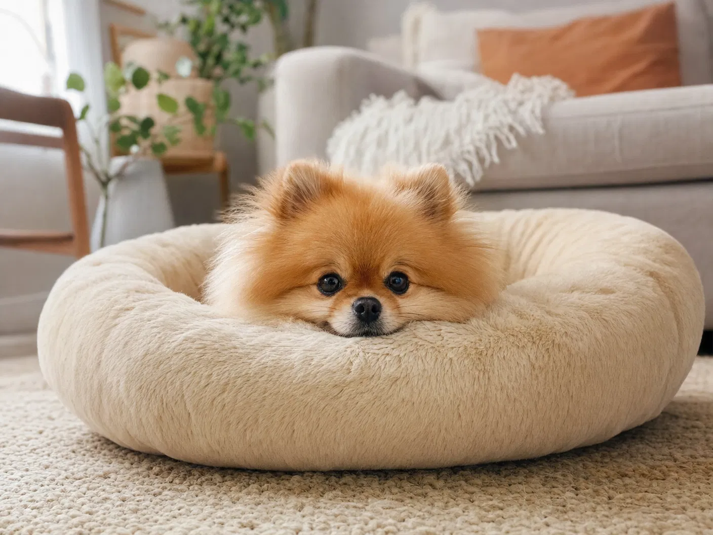 Small Pomeranian in round plush bed
