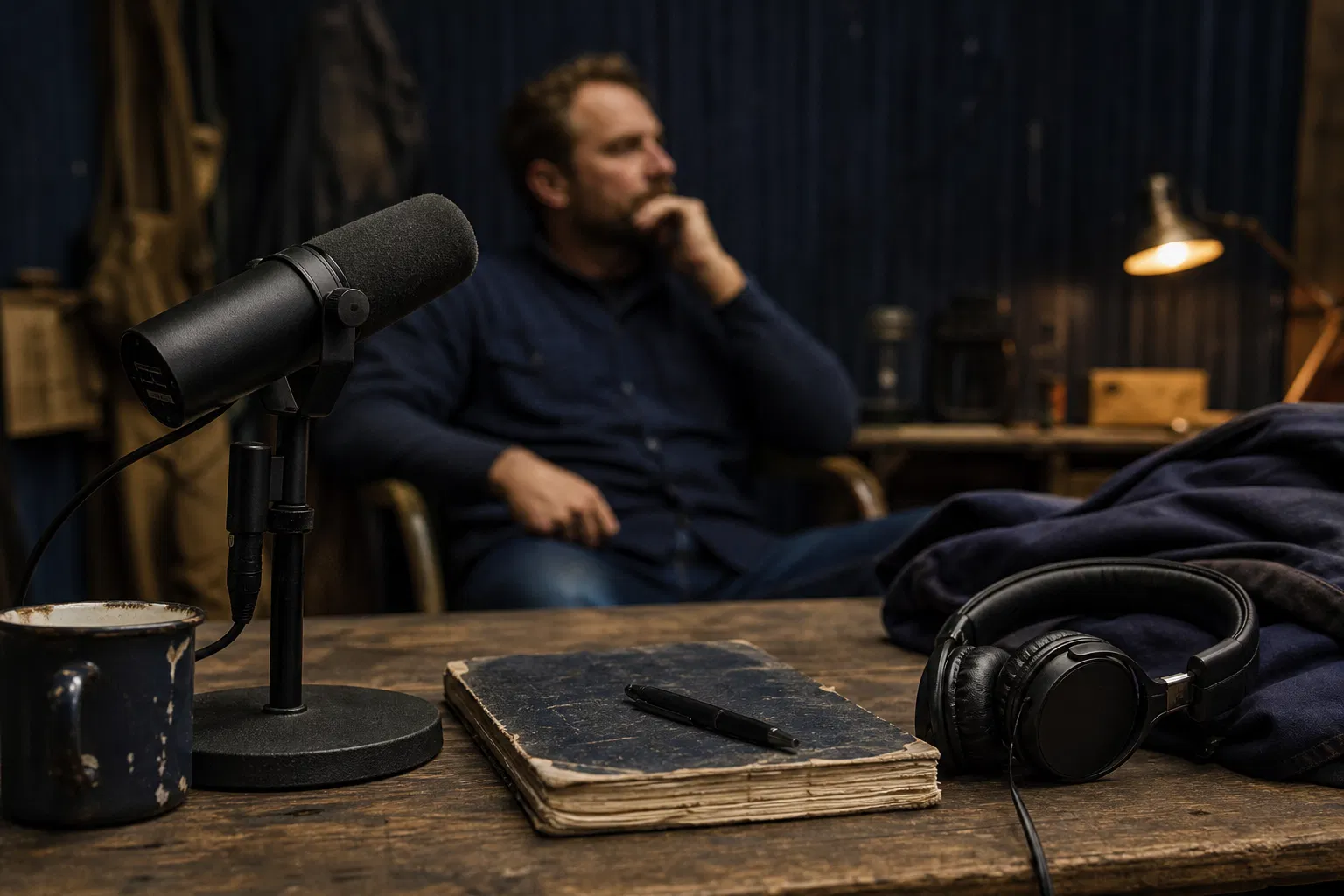 Podcast microphone and notebook in a grounded shed-like studio