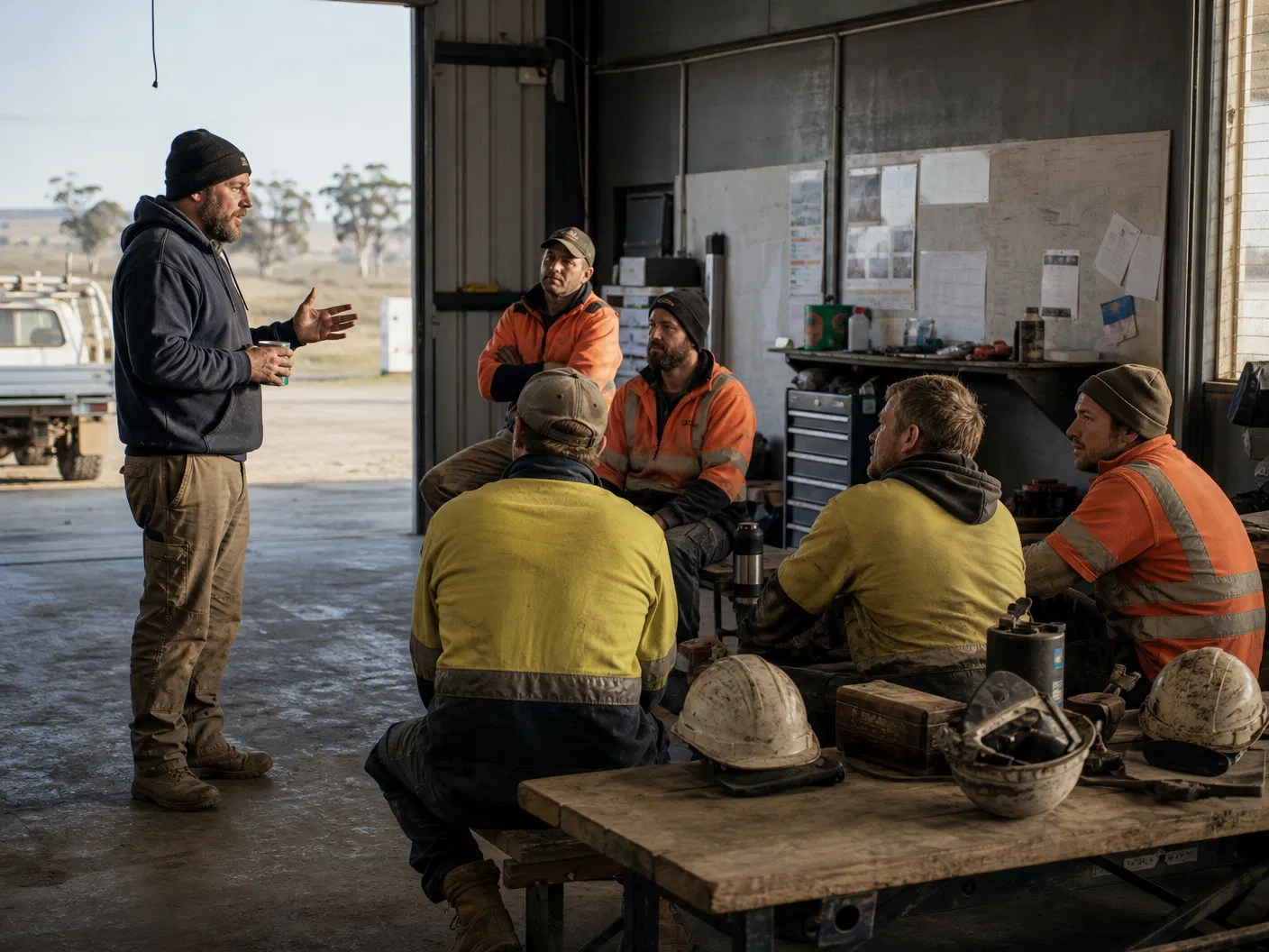 A practical toolbox talk on pressure and mental health with Australian trades workers in a workshop