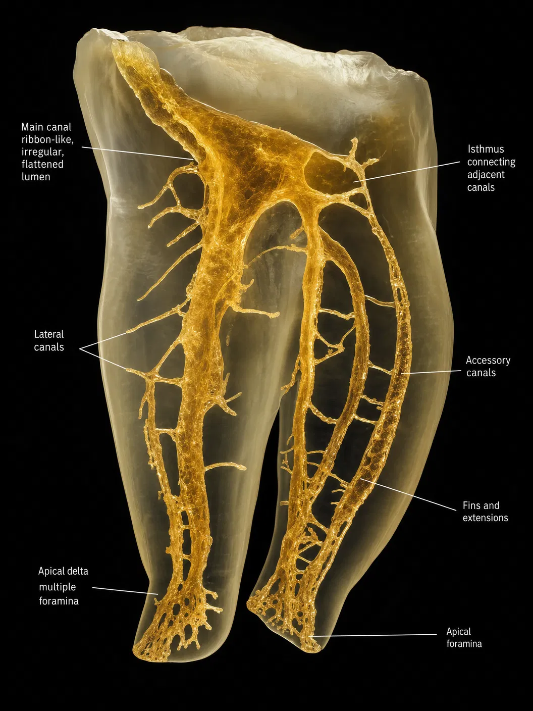 3D cross-section of a molar tooth revealing the complex branching root canal system — Excellence Dental Bangalore