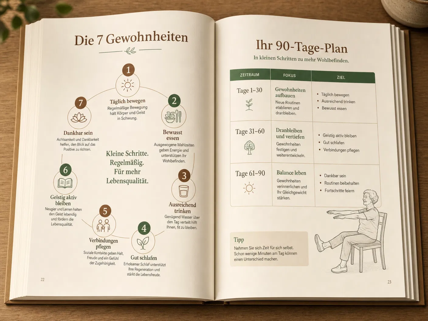 Aufgeschlagenes Buch mit Diagramm der 7 Gewohnheiten und 90-Tage-Plan